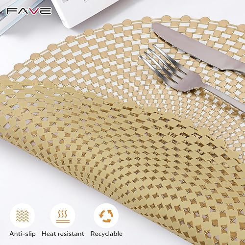 Miniatura 6 de FAVE Juego de 6 manteles individuales redondos de vinilo dorado, lavables en espiral para comedor, eventos, decoración del hogar y uso diario (15