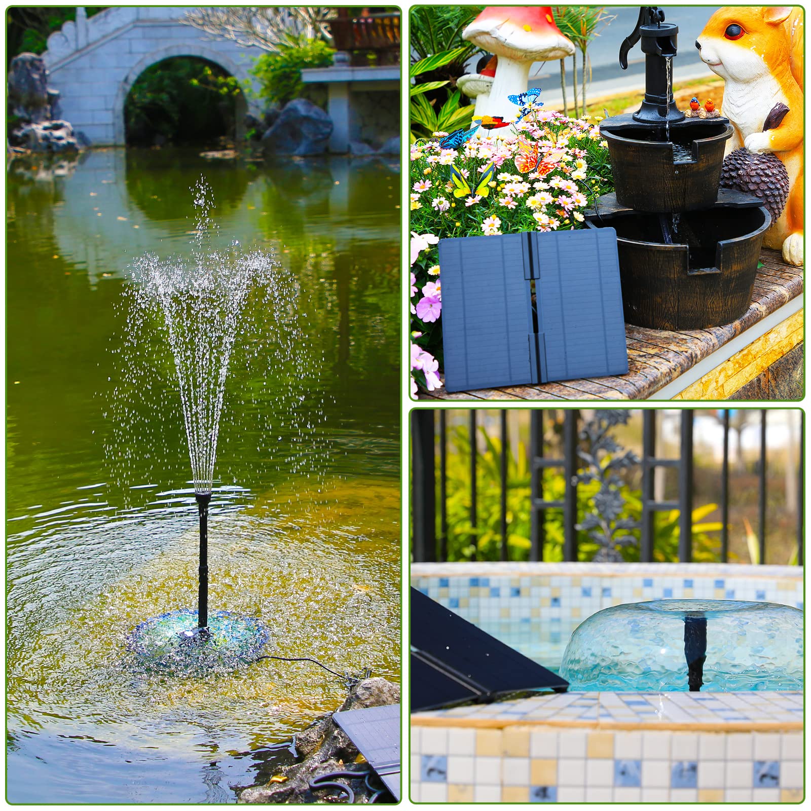 AMZtime 20W Fontana Solare da Esterno Fai Da Te, Ultimo Aggiornamento Pompa Stagno Solare Pieghevole, con Supporto Regolabile e 6 stili di fontana, per Giardino, Stagno, Fai Da Te Acqua Caratteristica