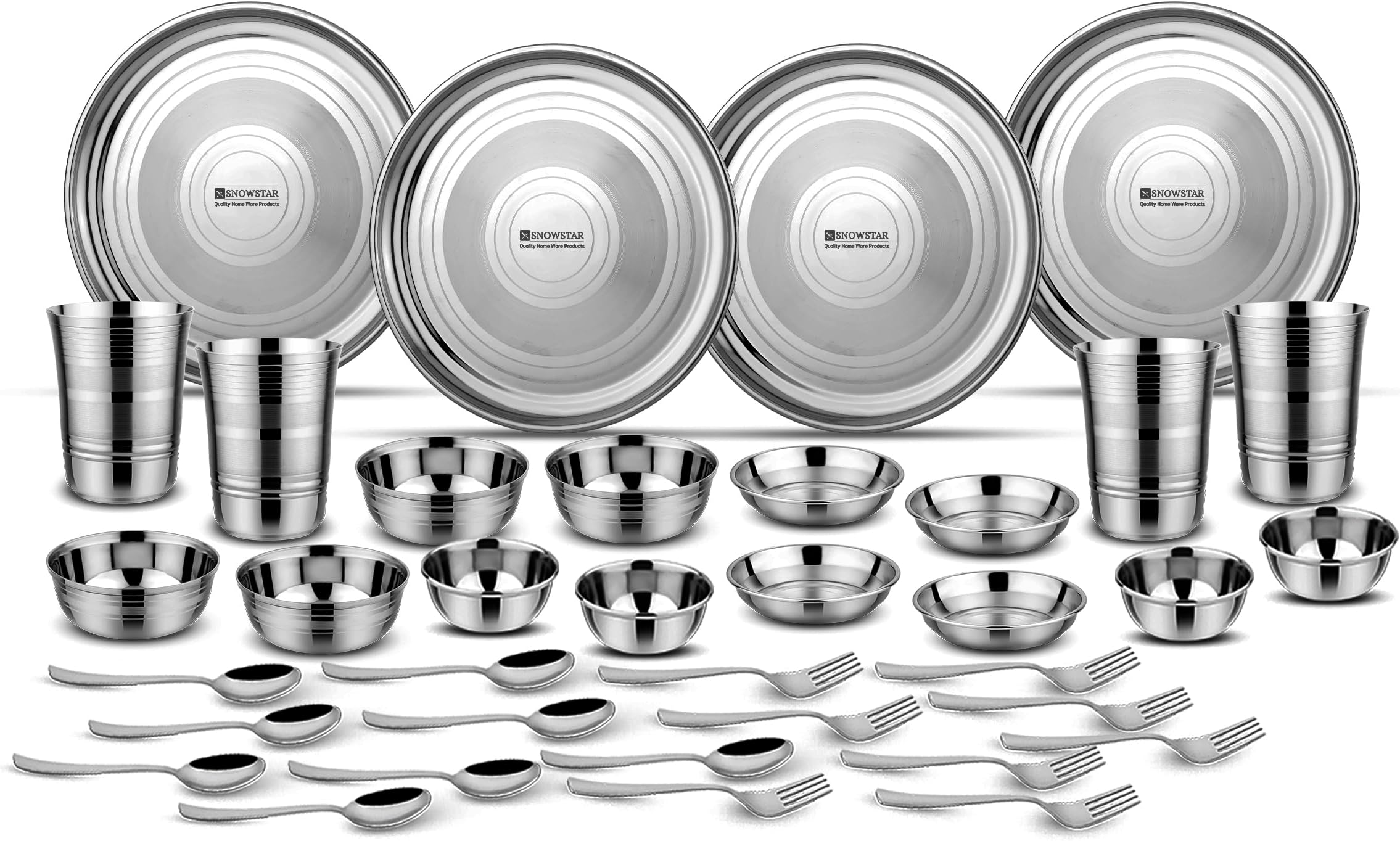 Snowstar Stainless Steel Dinner Set for Kitchen, Dinnerware Kitchen Set of 36 Pieces - SS Steel Bartan/Kitchen Utensils Thali Set for Home, Gifting - Highly Durable, Unbreakable & Rust Free