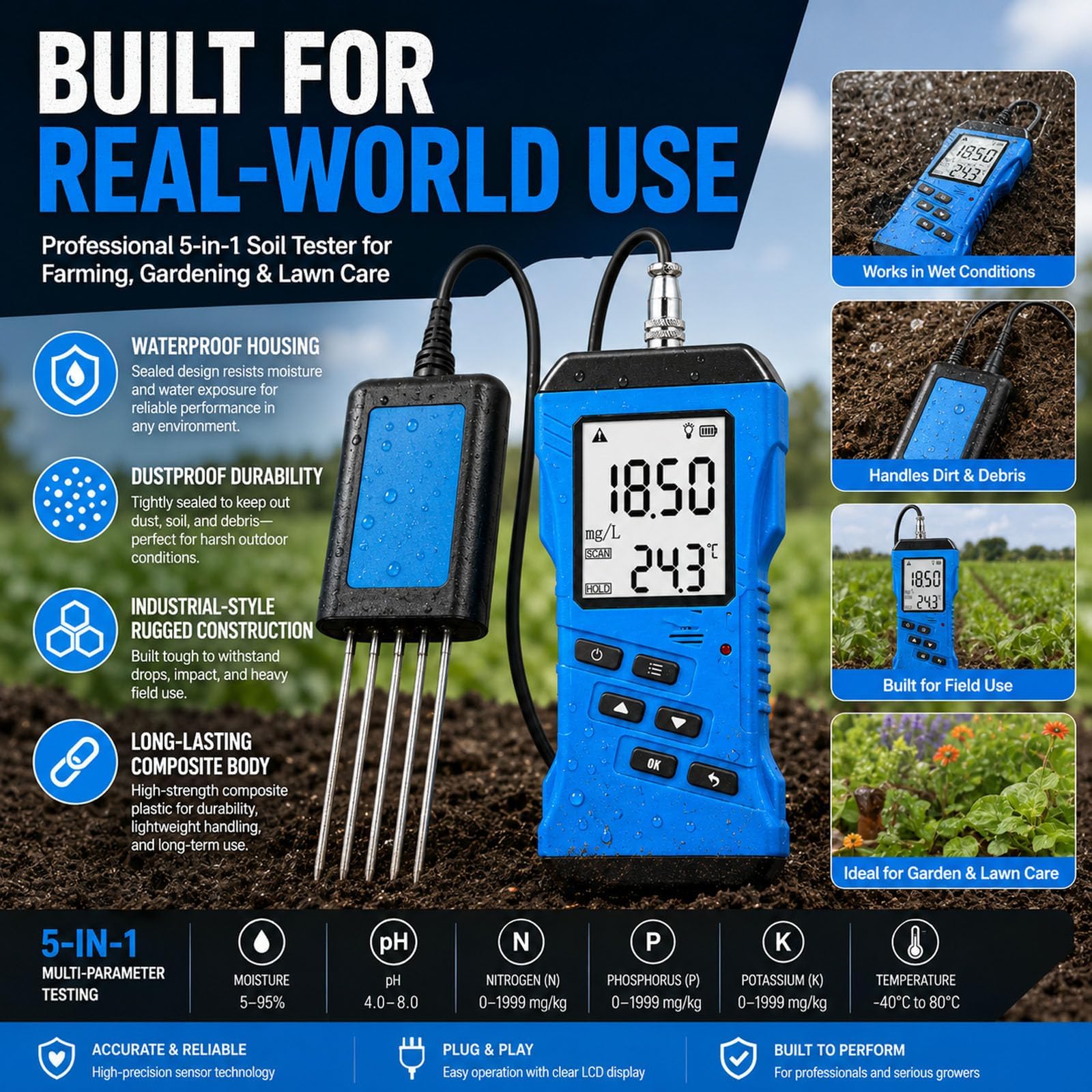 Tester gleby 4 w 1, miernik pH wilgotności NPK dla roślin, przewodność składników odżywczych, potas, fosfor, temperatura -40-80°C, wodoodporny do gospodarstwa