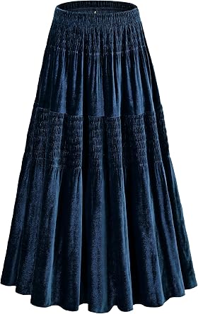 Womens Velvet Pleated Midi Skirt Elastic High Waist Fall Winter Tiered A-Line Party Long Skirts