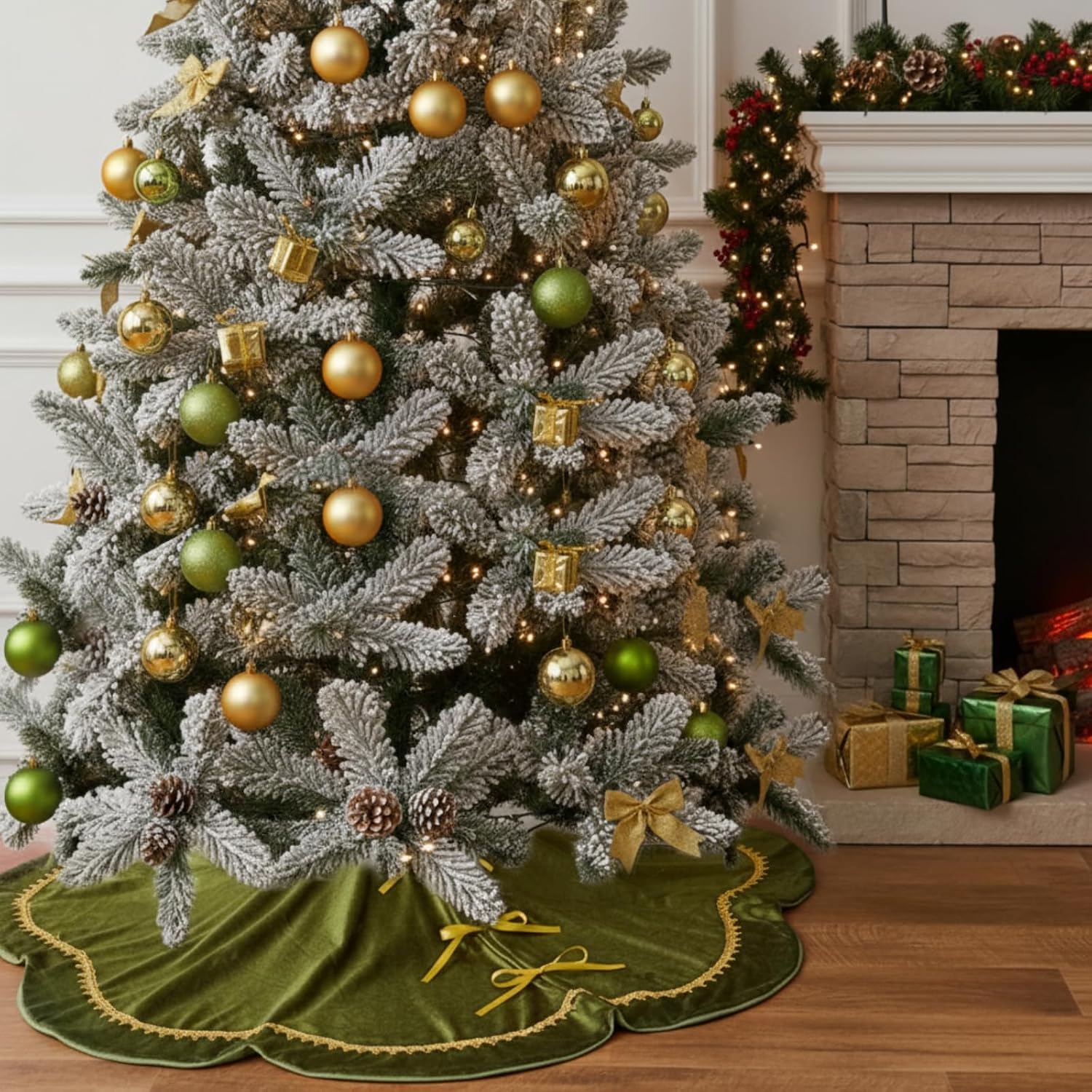 Arrowbash Christmas Tree Skirt 48 Inch Moss Green Velvet Fur Scallop Tree Skirt Sparking Gold Lace Trim for Party Rustic Xmas Holiday Decorations All Year