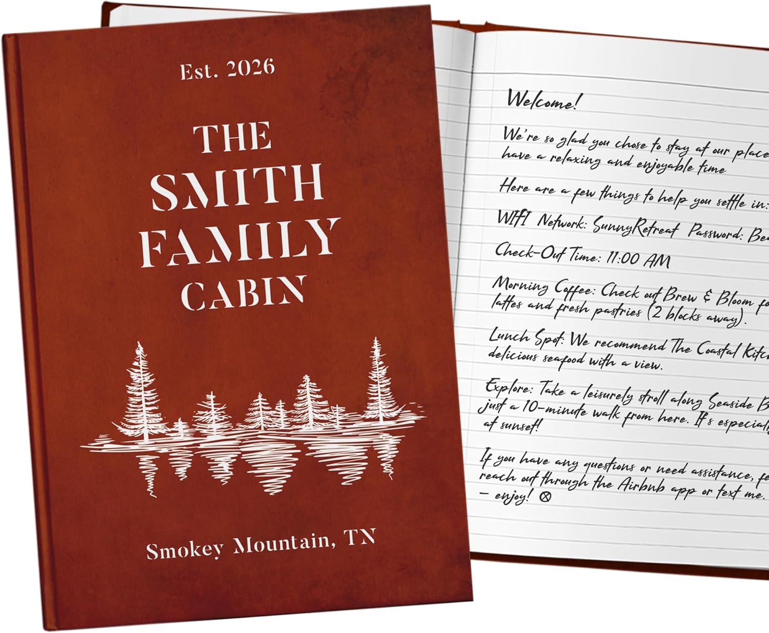 Family Cabin Cottage Hardcover Guestbook, Guest Sign In Book for Visitors, Guest Book For Vacation Home, Visitor Guest Book, Summer Lake House Rental Property Memory Book, Bed and Breakfast Host Journal (Treeline, Bonfire)