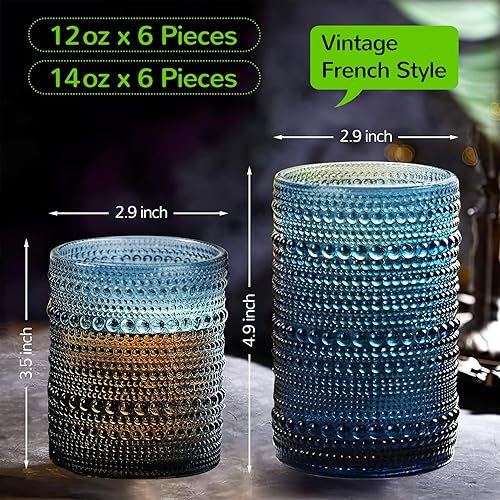 Miniatura 3 de Juego de vasos vintage de hobnail de 12 a 14 onzas, vasos de vidrio antiguos y vasos de cóctel de 11 onzas, vasos estéticos de bar de cocina, juegos