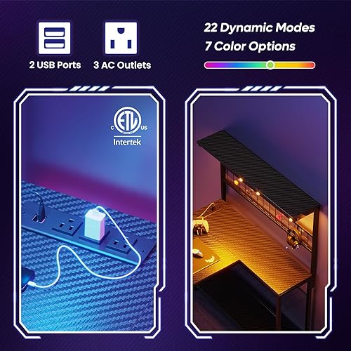 Miniatura 4 de Bestier Escritorio para juegos de 42 L, escritorio para computadora con tomas de corriente, luces LED, escritorio esquinero reversible con estantes