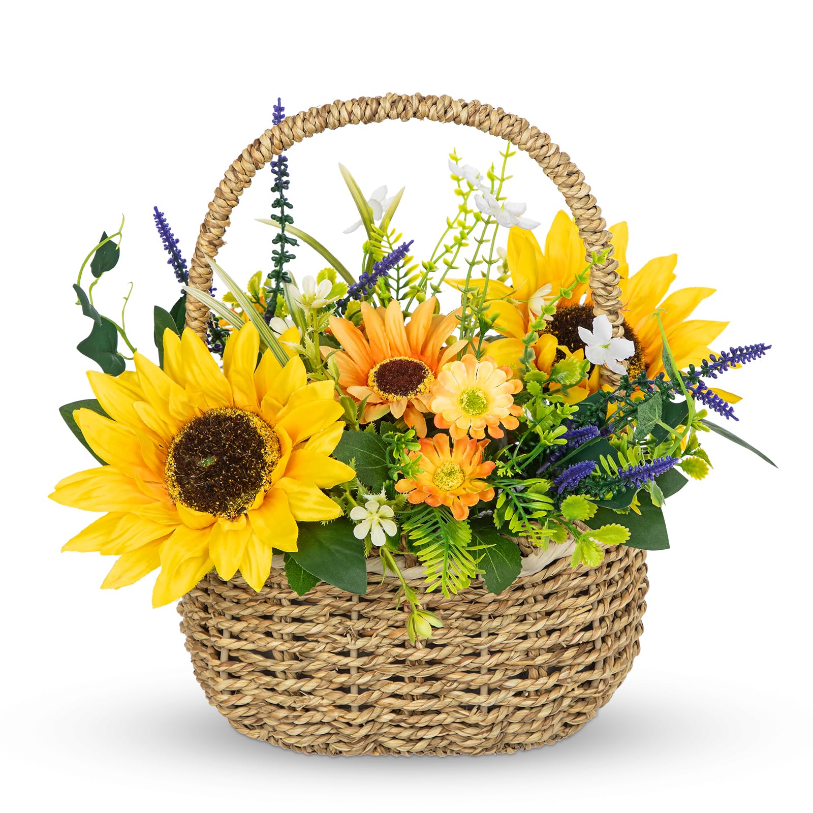 Oairse Sunflowers Artificial Flowers, Spring Summer Flower Centerpieces for Tables Silk Flower Arrangements with Woven Basket Fake Sunflowers with Daisy & Lavender Dinner Table for Indoor Outdoor