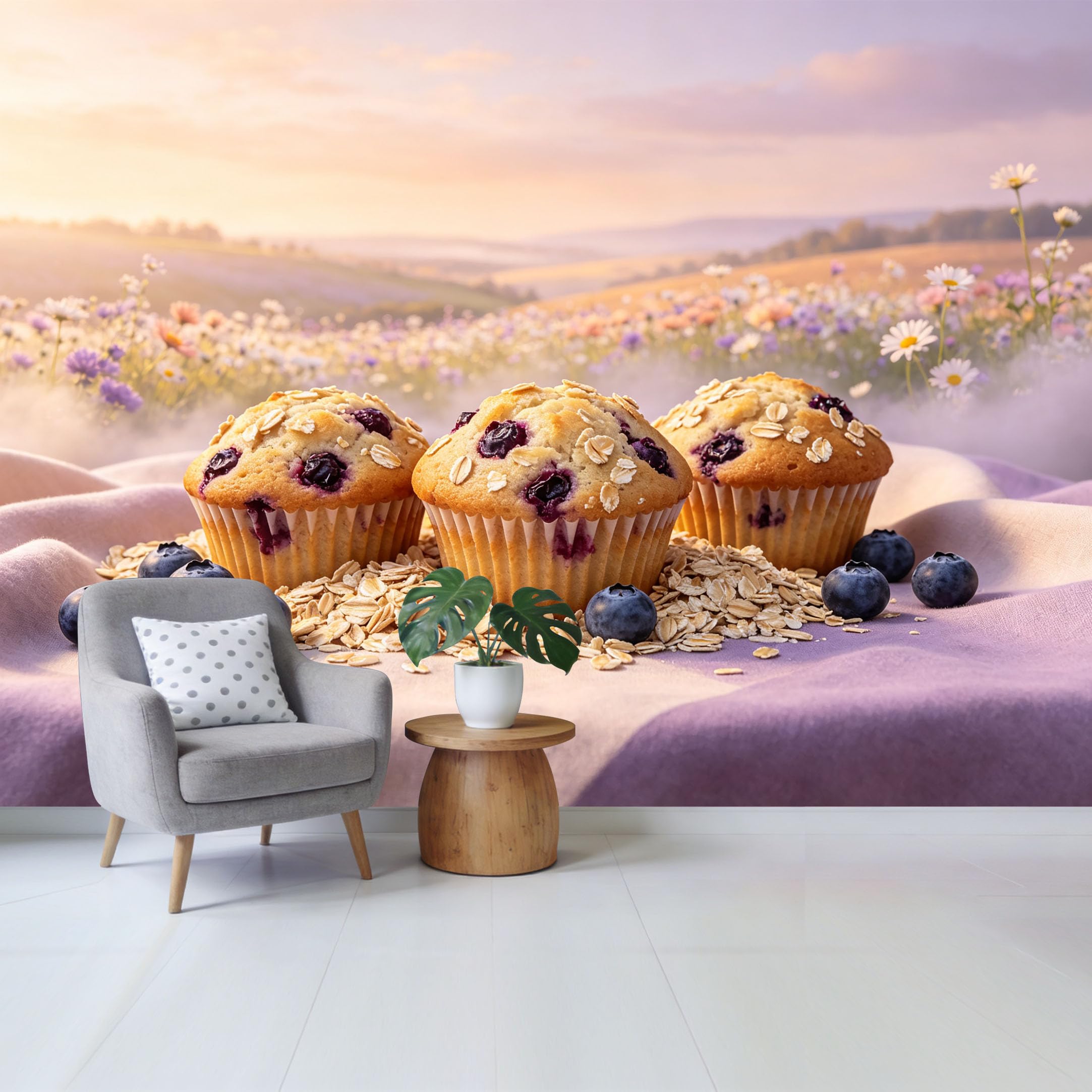Qzlithotic Yq2605250585 Custom Size Wall Mural Blueberry Oat Muffins Meadow Landscape Farmhouse Style Selfadhesive Wall Fabric Removable Wallpaper For Home Office Decor