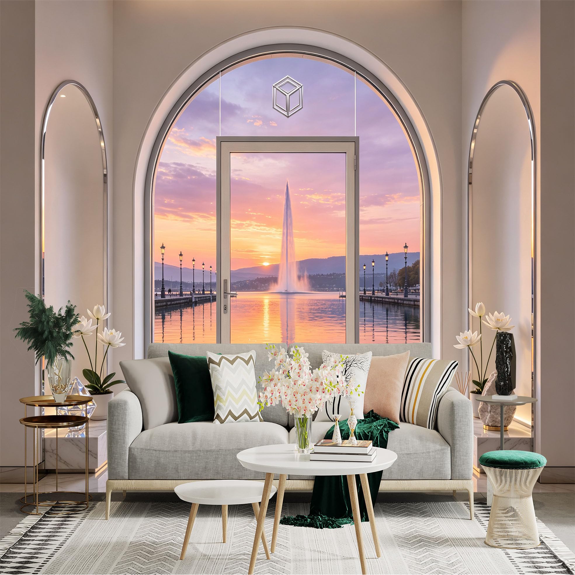 Custom Size Wall Sticker Mural， Sunset Lake View with Fountain and Arch Window， for wall Decoration， peelandstick wall Decals.