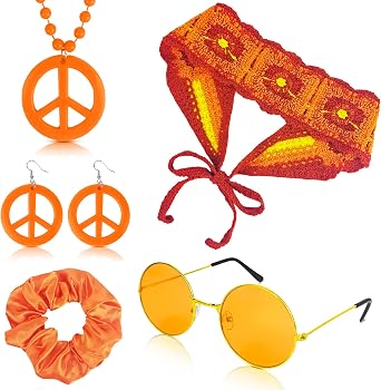 60s 70s Hippie Accessories for Women, Boho Hippie Costume with Flower Knit Headband Peace Sign Necklace Groovy Disco Outfits for Party Cosplay