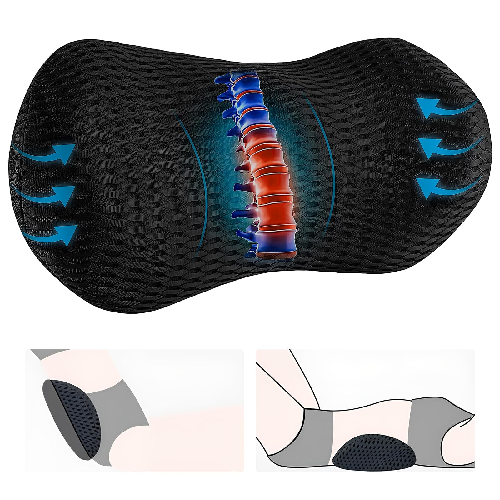 BCMRUN Lumbar Pillow Lumbar Supports Cushion Car Lumbar Pillow Ergonomic Streamline Back Support Pillow for Back Pain Relief Car Seats Office Chair Gaming and Supports Pillows During Rest (Black)