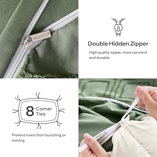 Miniatura 4 de JELLYMONIJuego de funda de edredón verde individual, 3 piezas, de microfibra estilo capitoné, texturizado, bohemio, patrón geométrico de rombos