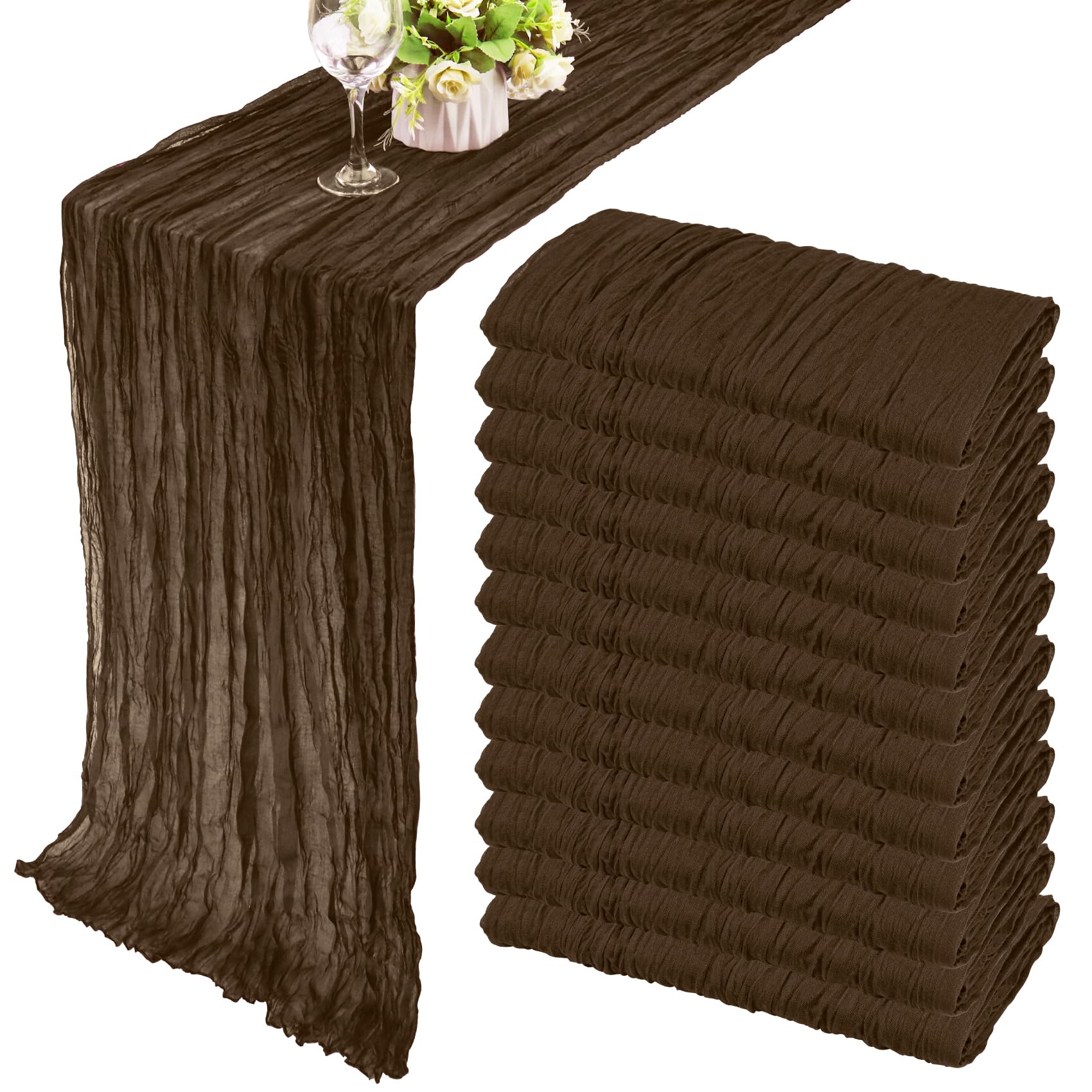 Photo 1 of 12 Pack 10Ft Cheesecloth Table Runner 35x120 Inch Boho Gauze Table Runner Rustic Cheese Cloth Long Romantic Table Runners for Wedding Bridal Shower Birthday Party Table Decor (Brown)