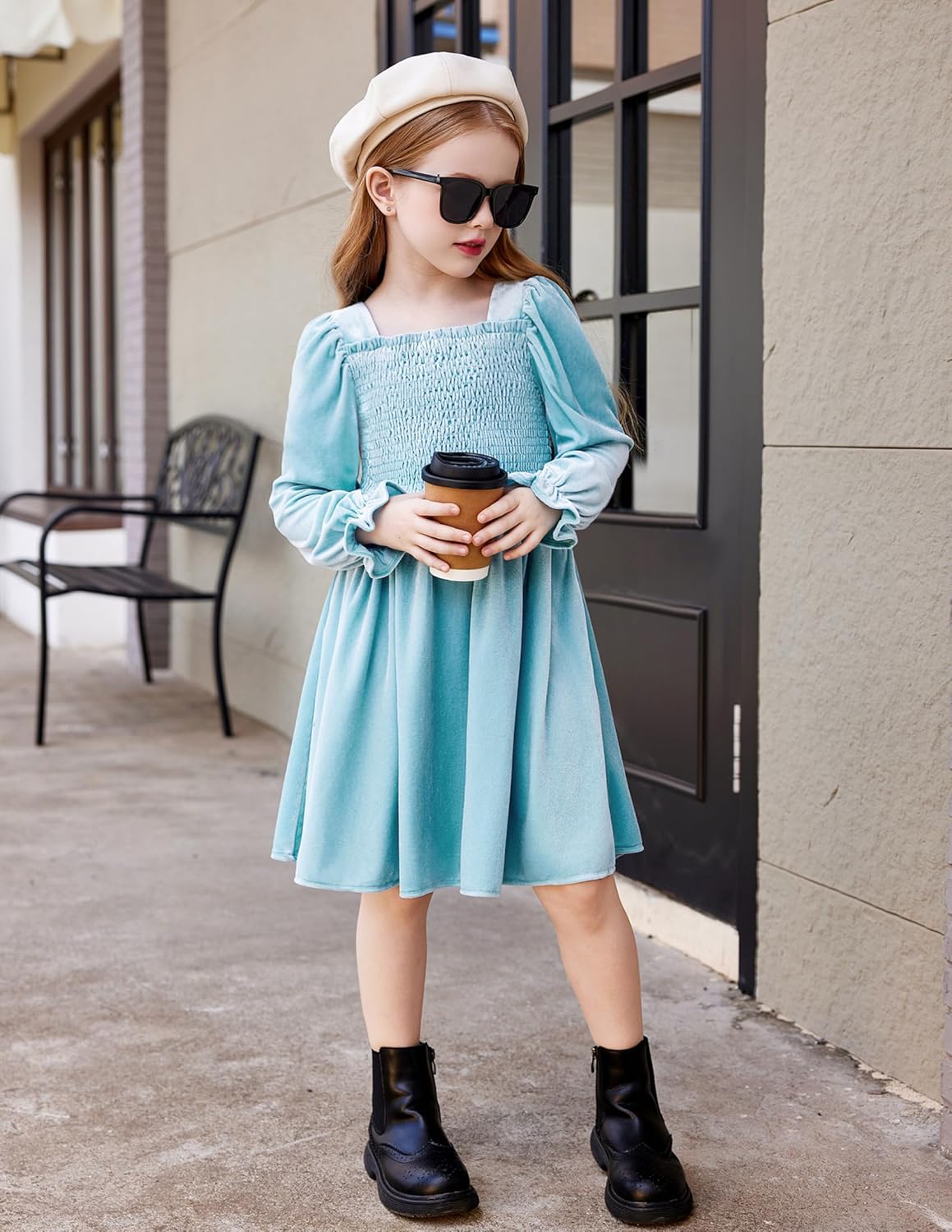 Arshiner Toddler Velvet Dress Girls Smocked Square Neck Puff Long Sleeve Party Dresses with Pockets 3-8Y - Image 6