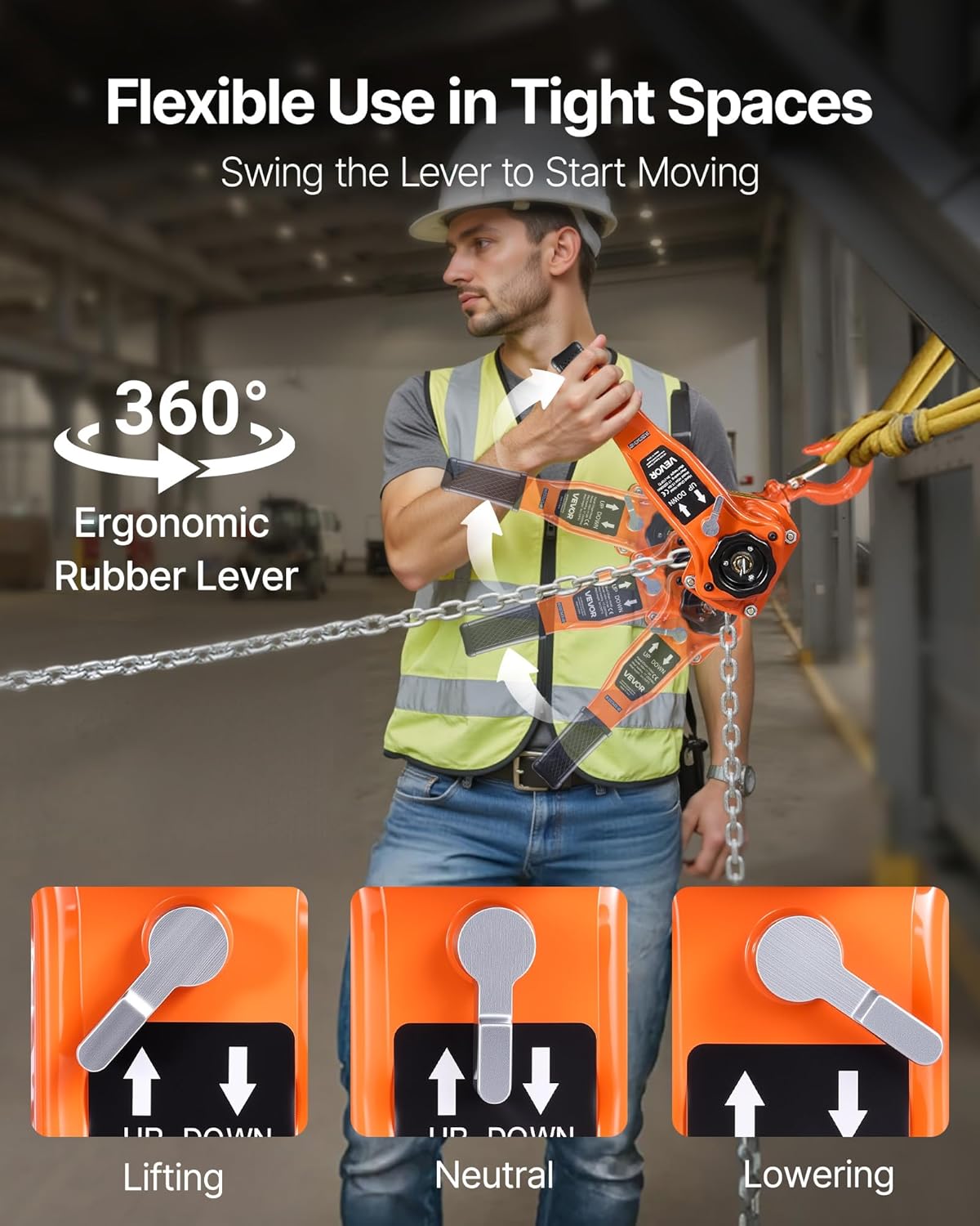 VEVOR Manual Lever Chain Hoist, 1T 2200LBS Capacity Heavy Duty Come Along, 10FT Lift G80 Alloy Steel Chain with Dual Pawl Mechanical Brake,360°Rotating Hooks, for Warehouse Construction Garage - Image 6