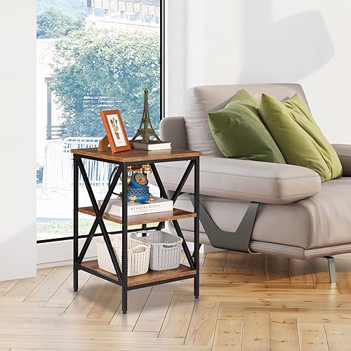 Miniatura 2 de SUPER DEAL Mesa auxiliar moderna mesita de noche para dormitorio con estantes de almacenamiento 3 niveles diseño X de mediados de siglo decoración