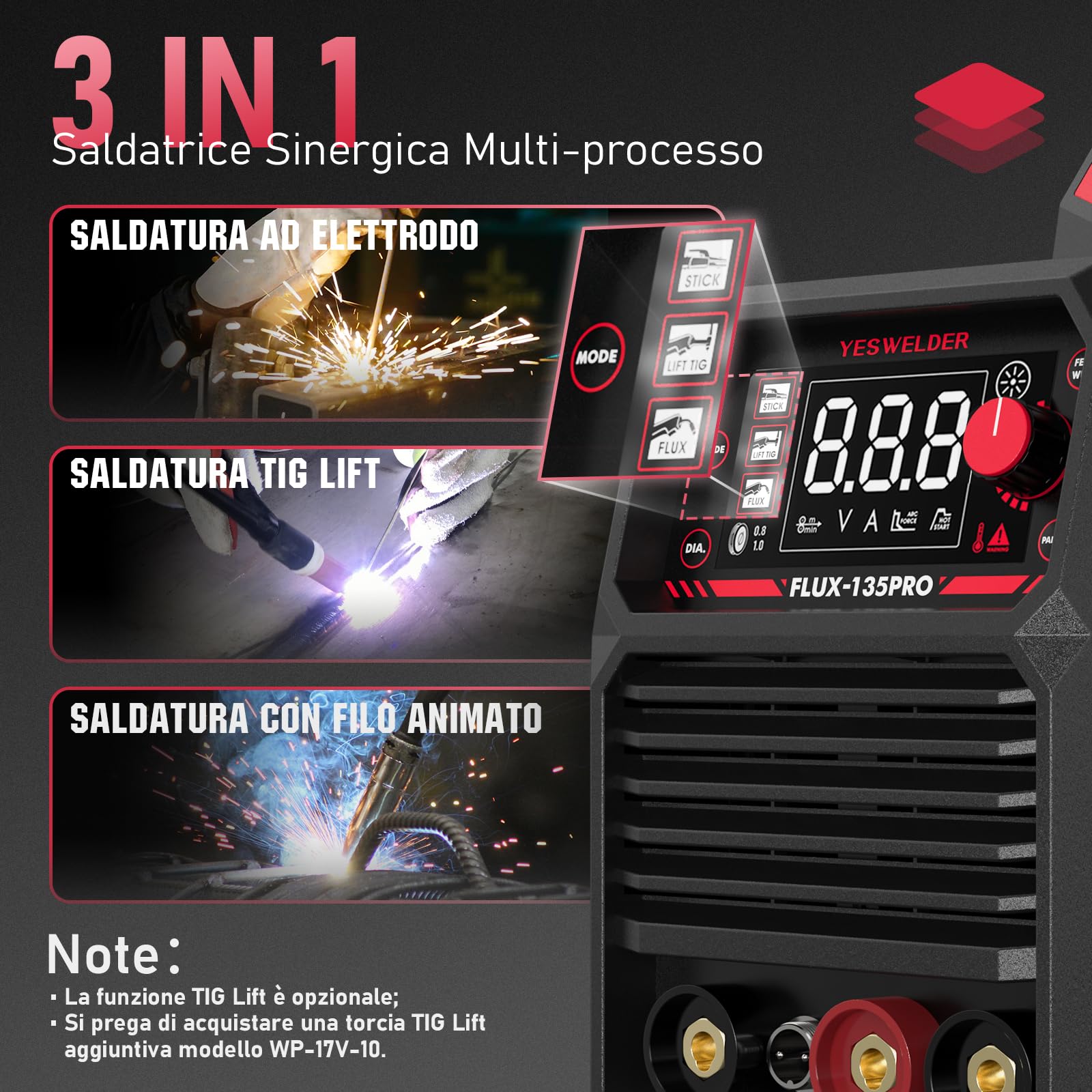 YESWELDER 135Amp Saldatrice MIG Senza Gas 230V 3-in-1 Saldatore LED con 2 Confezioni Filo