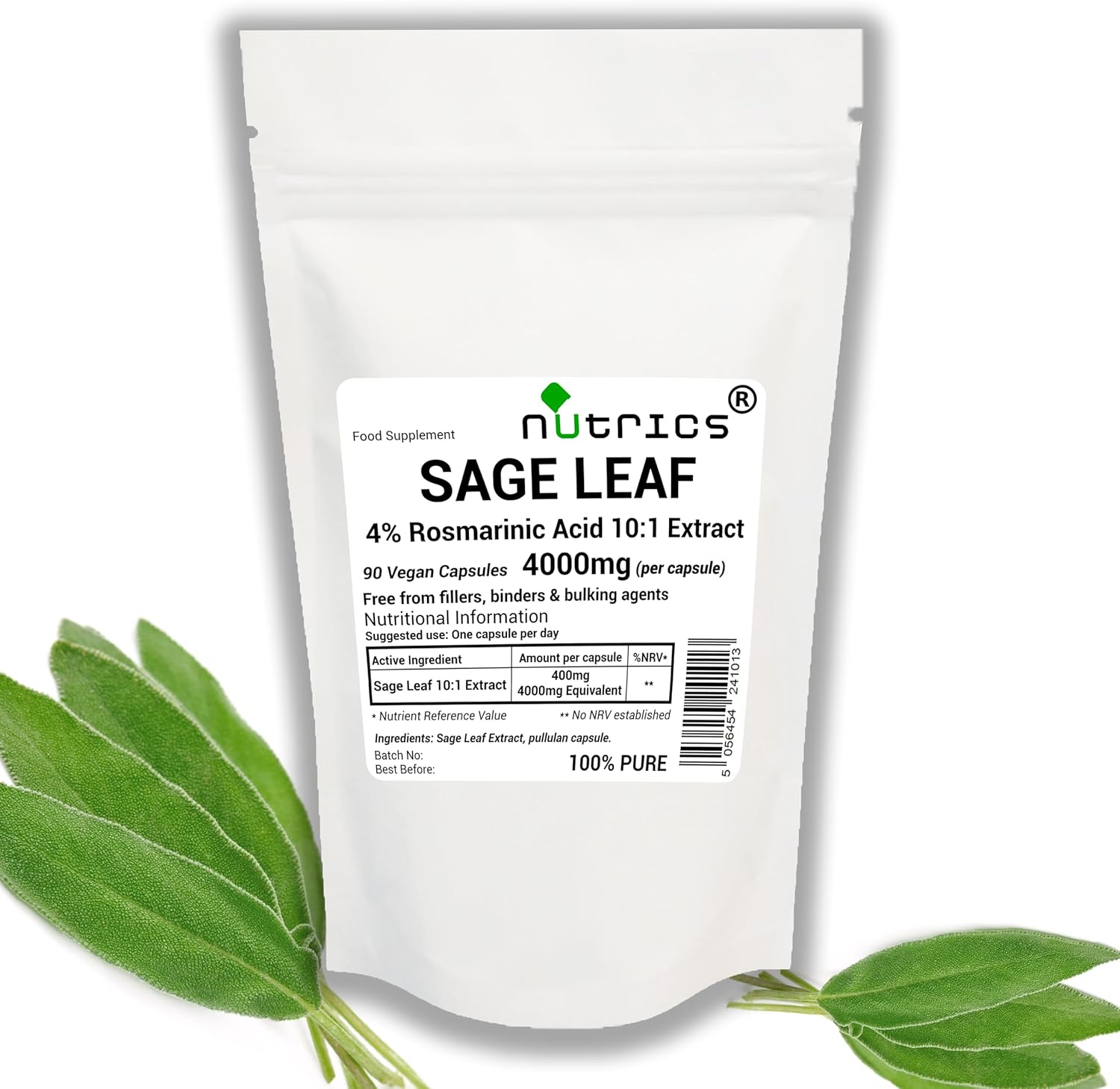 4000mg (per Capsule) SAGE Leaf Extract 4% Rosmarinic Acid 90 V Capsules Strong ONE A Day – 100% Pure – No fillers Binders or Bulking Agents