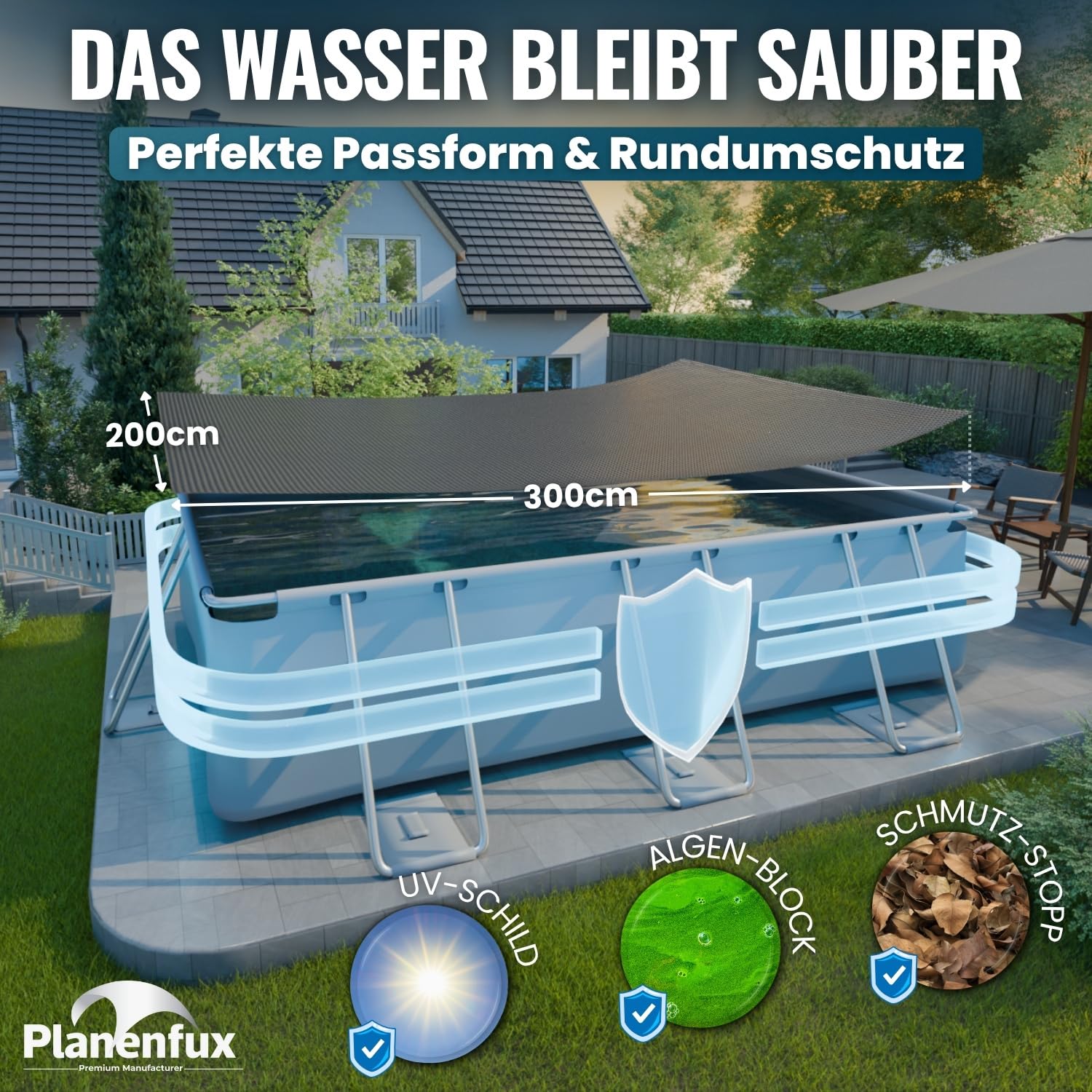 Planenfux® Solarplane Pool Rechteckig 300x200cm UV Chlor Salzwasser-Resistente Solarfolie Zuschneidbare Solarabdeckung