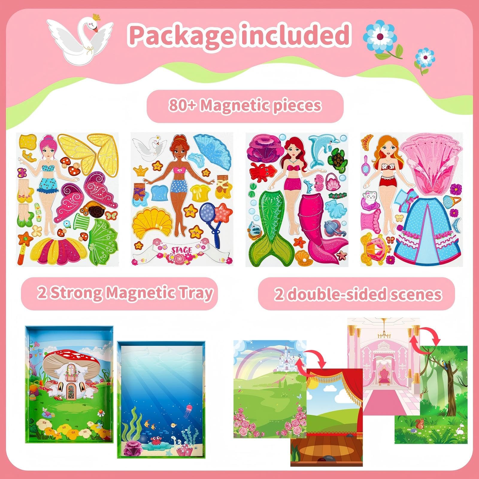 Muñecas magnéticas de vestir para niñas, kits de vestir con 82 piezas magnéticas, bailarina, sirena, juegos de viaje, viajes por carretera, avión, juguetes de actividad para niñas de 3, 4, 5, 6, 7