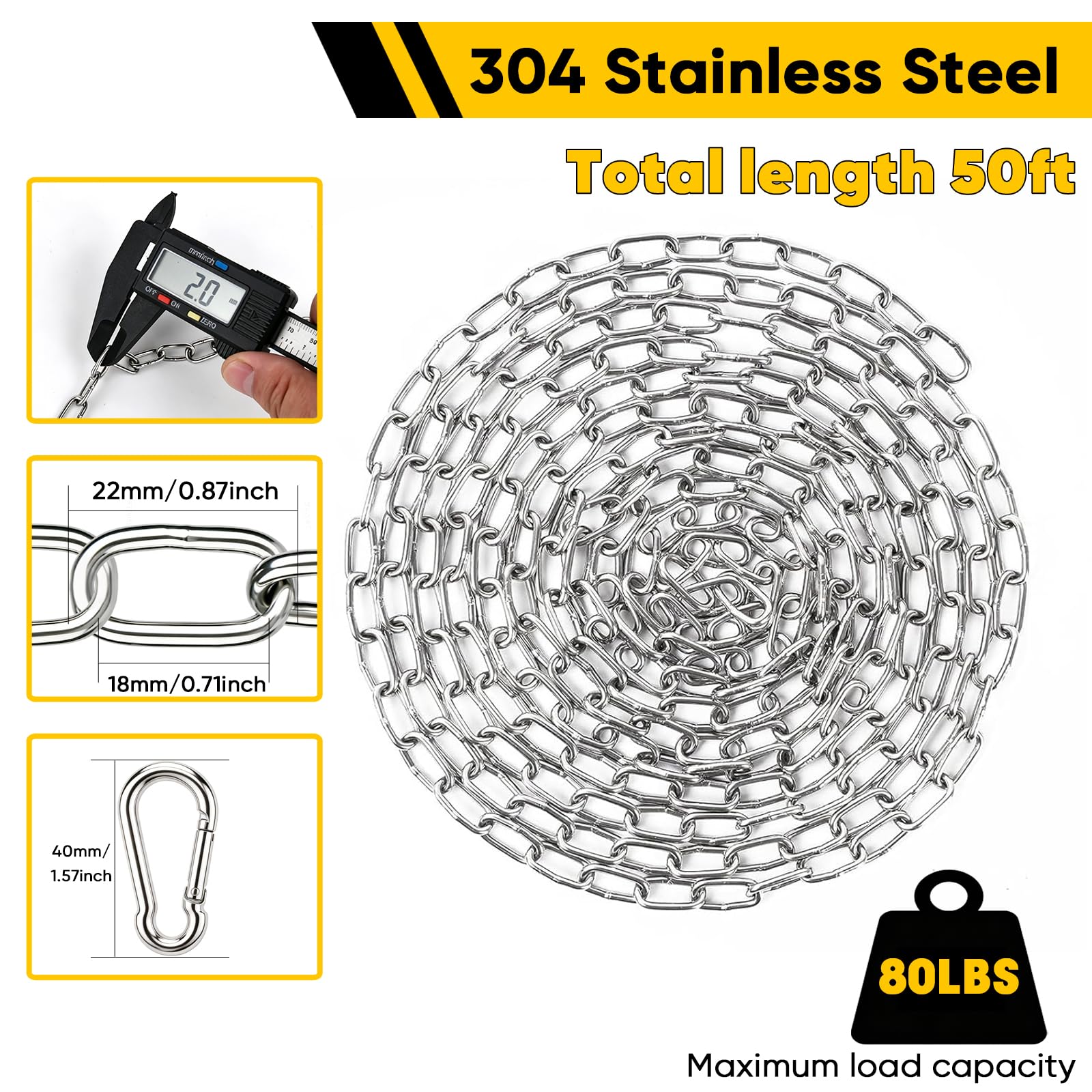 50 Feet 304 Stainless Steel Hanging Jack Chain, with 4 Spring Snap Hooks — Amazon image 2