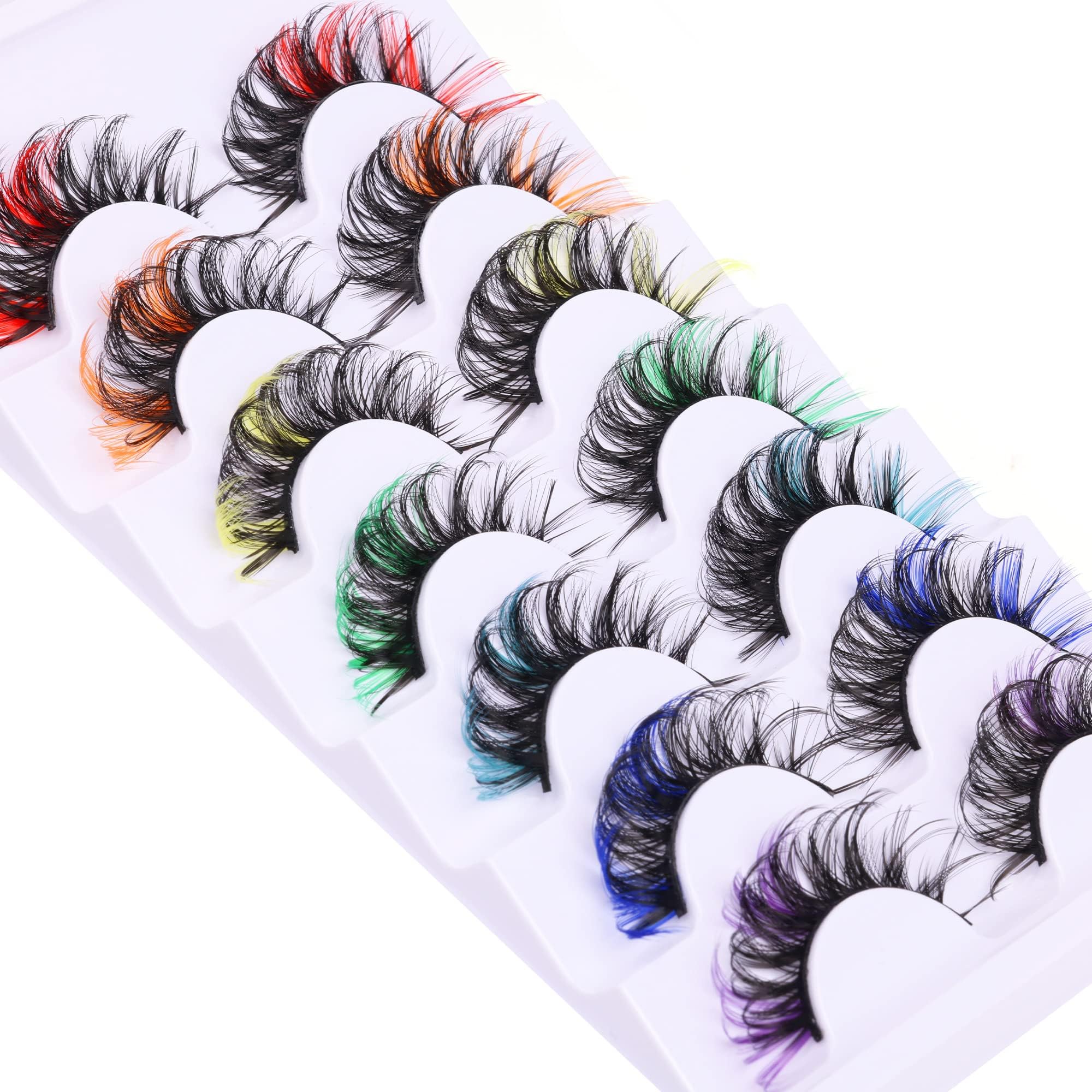 TNFVLONEINS Colored Eyelashes Halloween Mink Lashes with Color Fluffy Natural Wispy Strip Eye Lashes 5D Volume False Eyelashes Pack 7 Pairs Cosply Rainbow Colors Fake Eyelashes