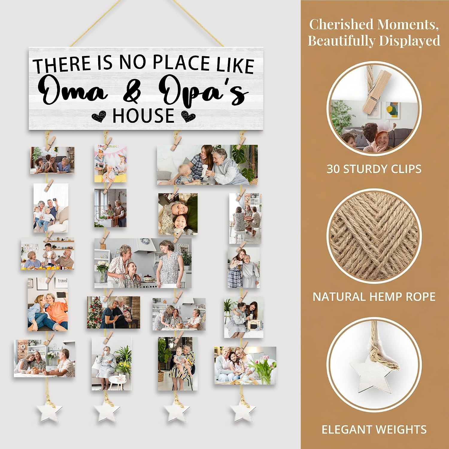 Oma and Opa Gifts Picture Frames Collage Wall Decor, Grandma Grandpa Grandparents Gifts from Grandkids, Nana and Papa Hanging Photo Display With 30 Clips 5 Ropes, 15.7x5.1 Inches image 5