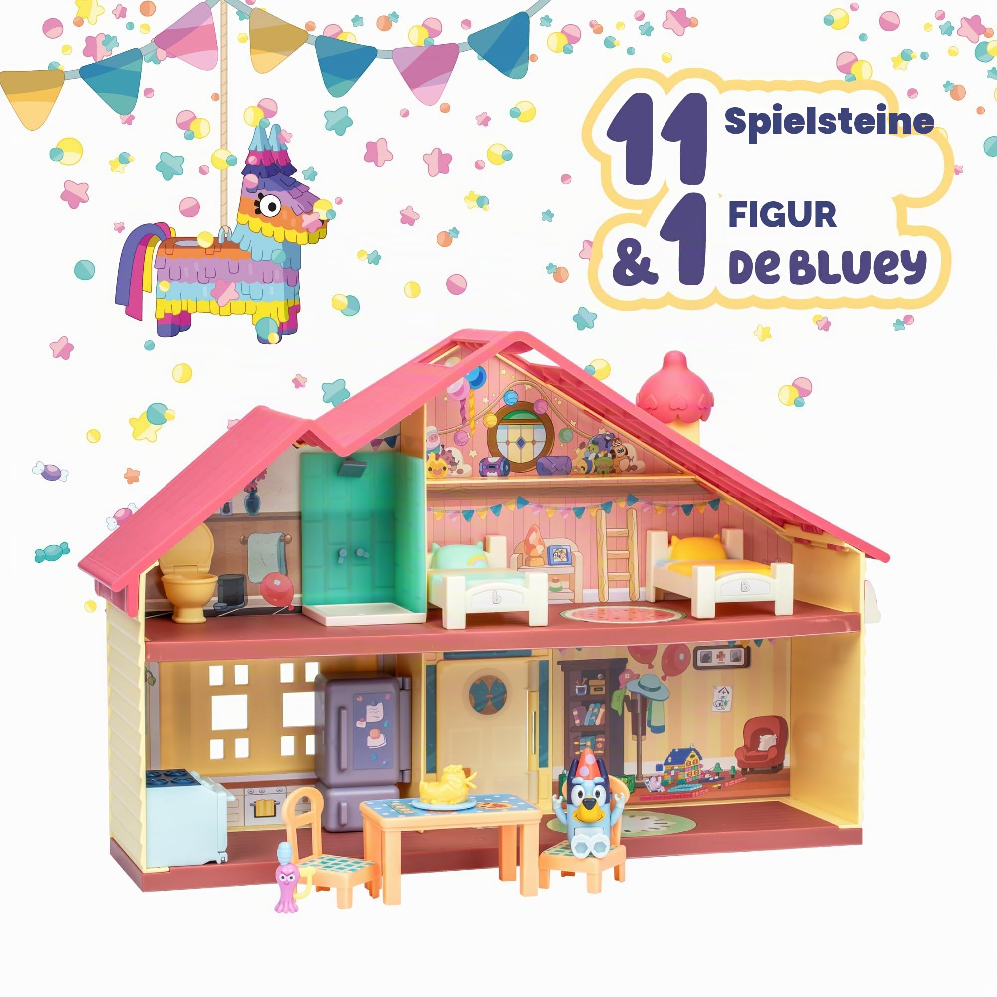 Giochi Preziosi Bluey - Figur-Set für Haus auf Zwei Etagen, mit Küche, Wohnzimmer, Schlafzimmer und Bad, komplett eingerichtet; für Kinder ab 3 Jahren, BLY04010