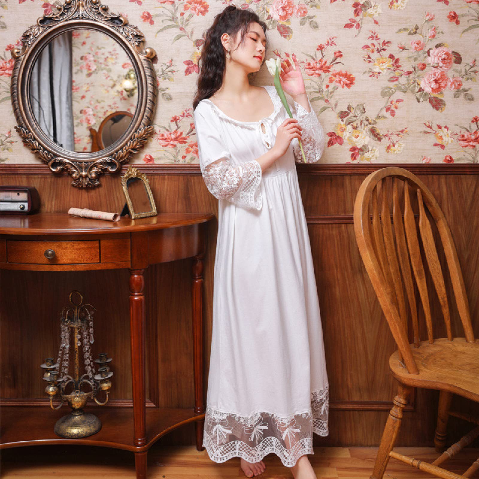 OFFSUM Camisón De Pijama De Mujer - Encaje Jacquard Algodón Ropa De Dormir Dulce Princesa Camisón Elegante Vintage Camisón Boda Primavera Verano Loungewear