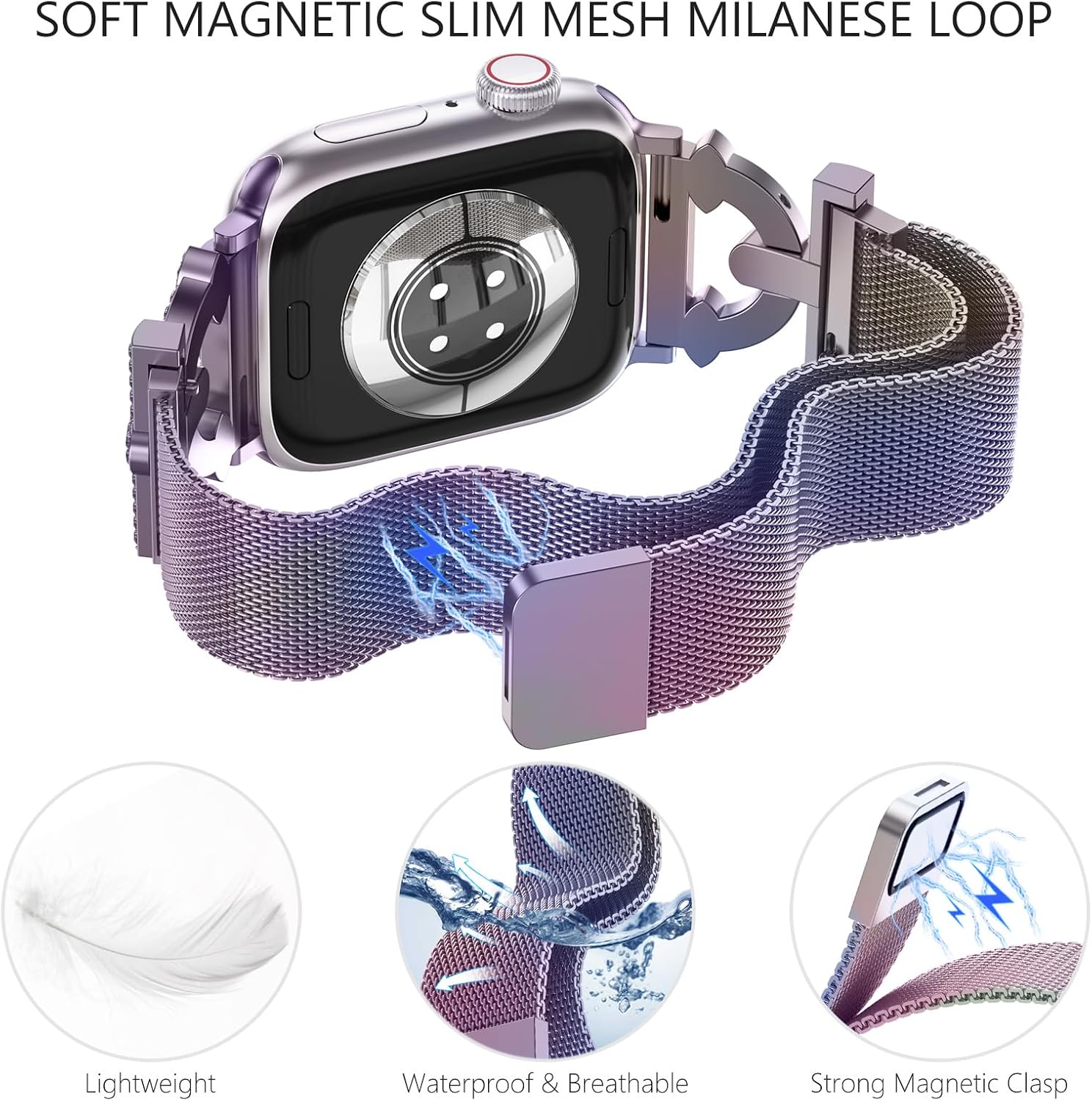 WINGLE Milanese Loop for Apple Watch Bands Women 40mm 41mm 38mm 46mm 45mm 44mm 42mm Series 11 10 SE 3/2/1 9 8 7 6 5 4 3 2 1 Slim Magnetic Mesh Band with Bling Case Protector Dressy iWatch Metal Strap - Image 3