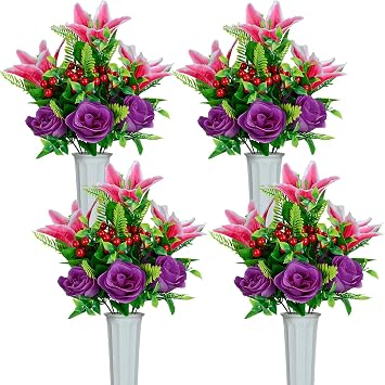 XONOR Artificial Cemetery Flowers for Grave, Set of 4 Artificial Memorial Flowers with Vase for Outdoor Cemetery Headstones Graveyard Gravestone Decoration Pink&Purple-4Pcs