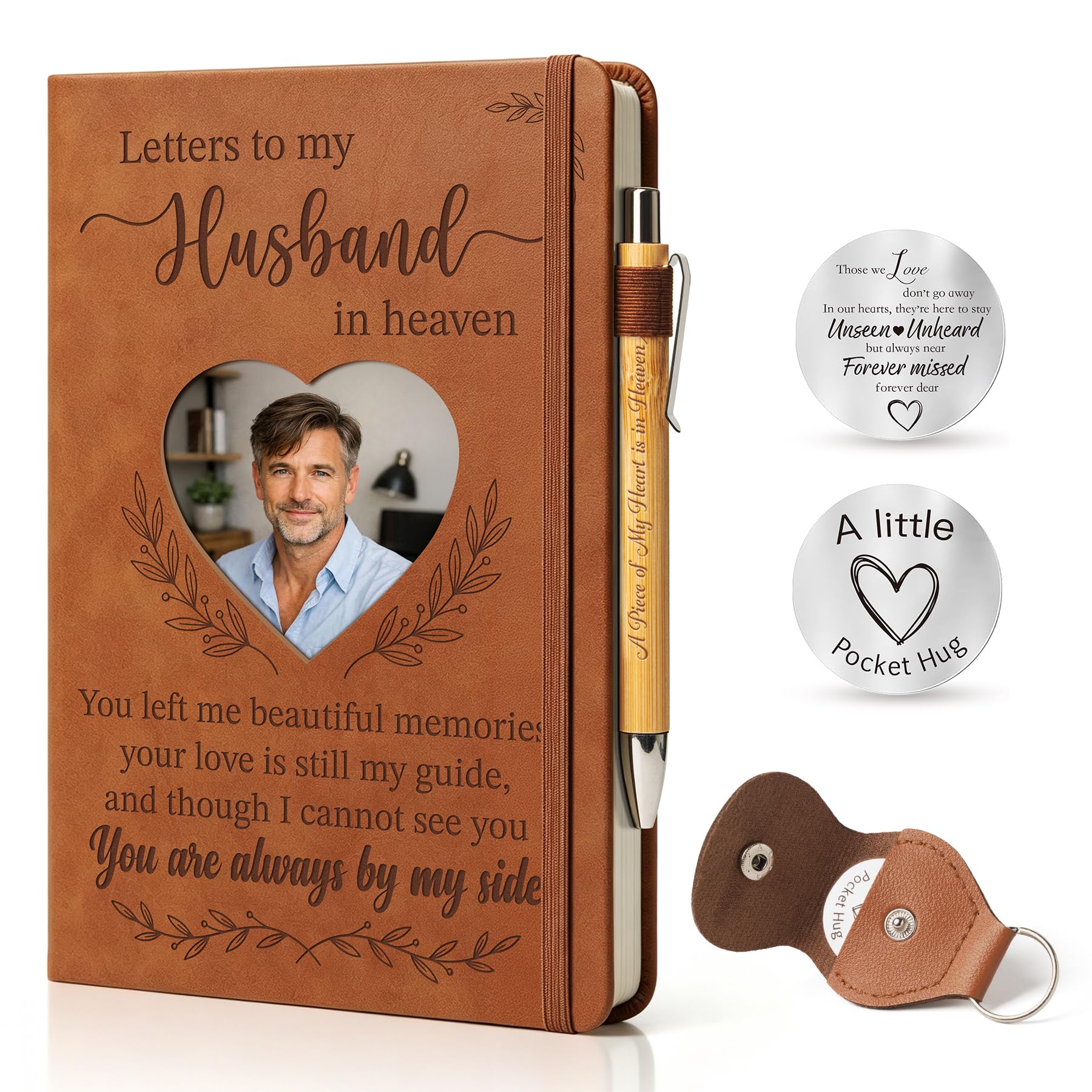 Memorial Gifts for Loss of Husband, Letters to My Husband in Heaven Grief Journal, A5 PU Leather Notebook with Cover Photo Window & Back Keepsake Pocket, Sympathy Bereavement Gift with Keychain