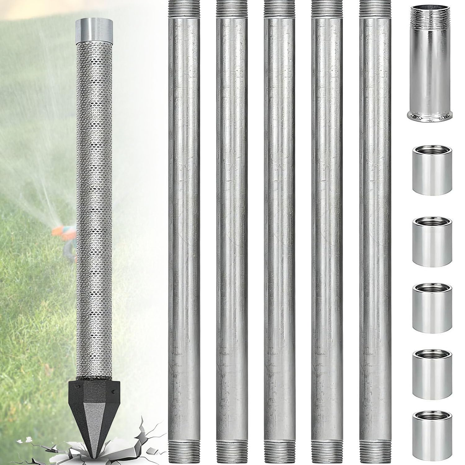 UORDBY Well Drive Point Kit, 1-1/4 Galvanized Drive Point Well Pipes,Heavy Duty Shallow Well Drilling Kit for Drive Sand Point Well&Soft Soil Well,36" Point 60 Gauze 6m(19.4Ft)
