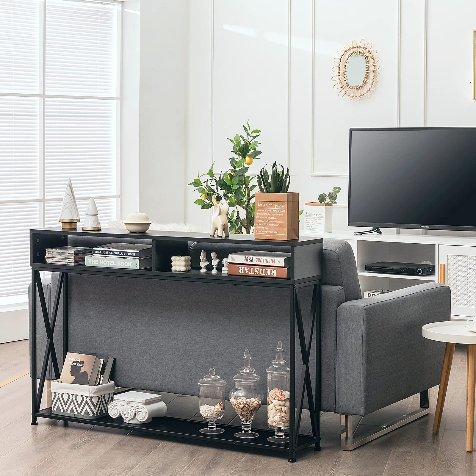COSTWAY Consolle Ingresso a 2 Livelli, Tavolo Consolle in Legno e Metallo con Ripiani e Piedini Regolabili, Tavolo d’Ingresso Stretto Moderno per Salotto e Corridoio, 120 x 23 x 79 cm (Nero)