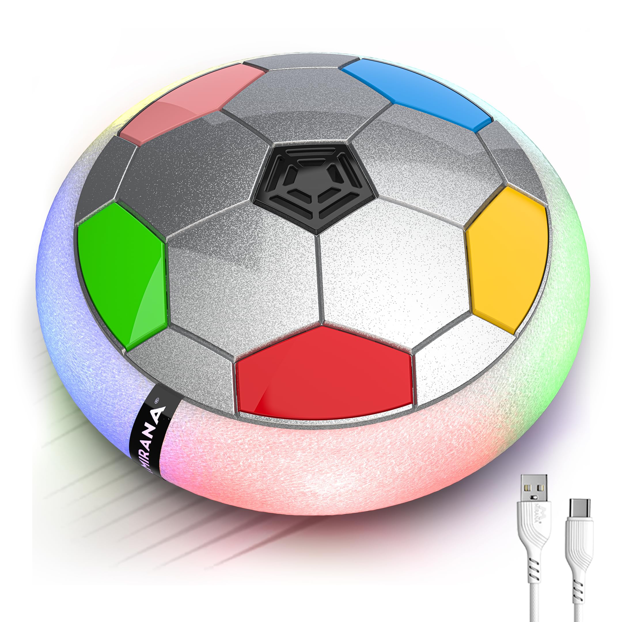 Mirana C-Type USB Rechargeable Battery Powered Hover Football Indoor Floating Hoverball Soccer | Air Football Smart | Made in India Fun Toy Best Gift for Kids Boys & Girls 2-10 Years (Silver Rainbow)
