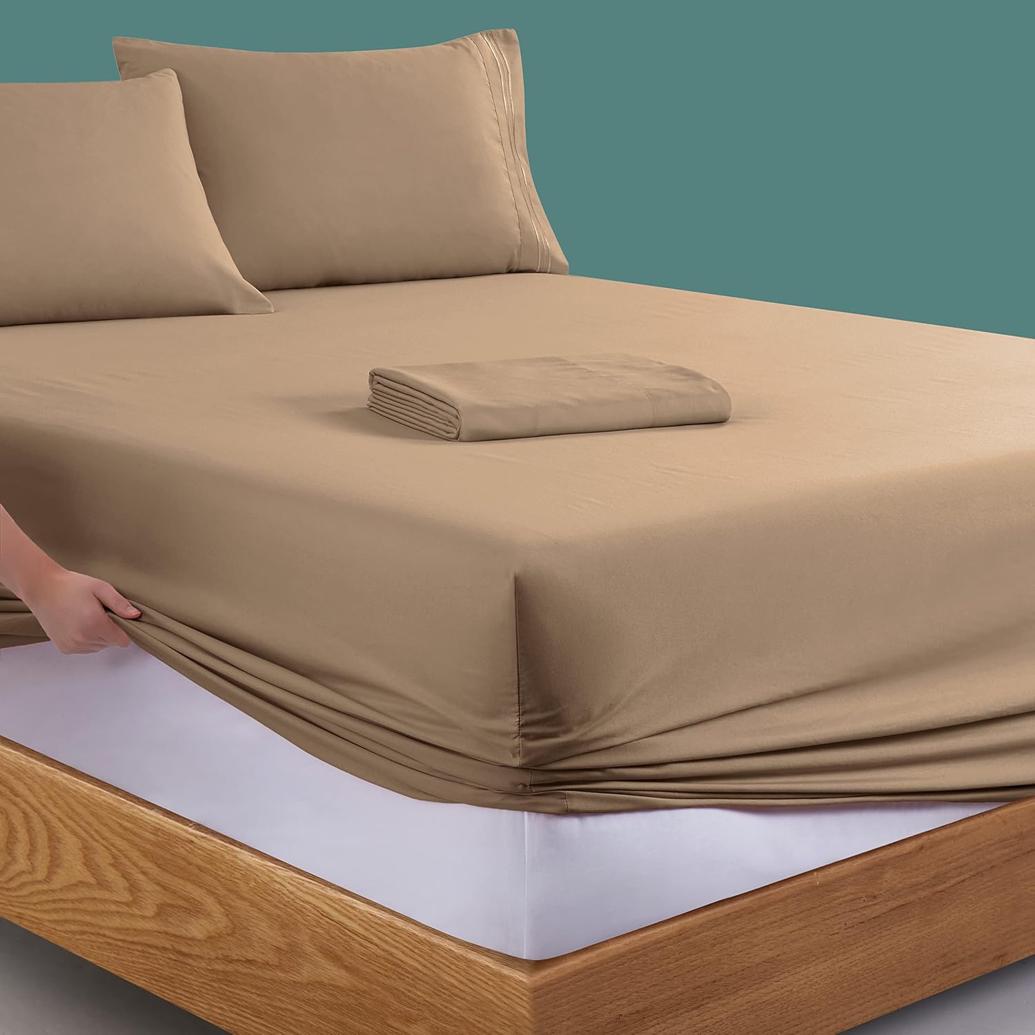 Manyshofu Extra Deep Pocket Queen Sheet Sets - Hotel Luxury 1800 Thread Count Sheets & Pillowcases - Microfiber Bedding Set up to 24" Mattress - Khaki Bed Sheets 18-24 Inch Deep Pockets - 4 Piece - Image 5