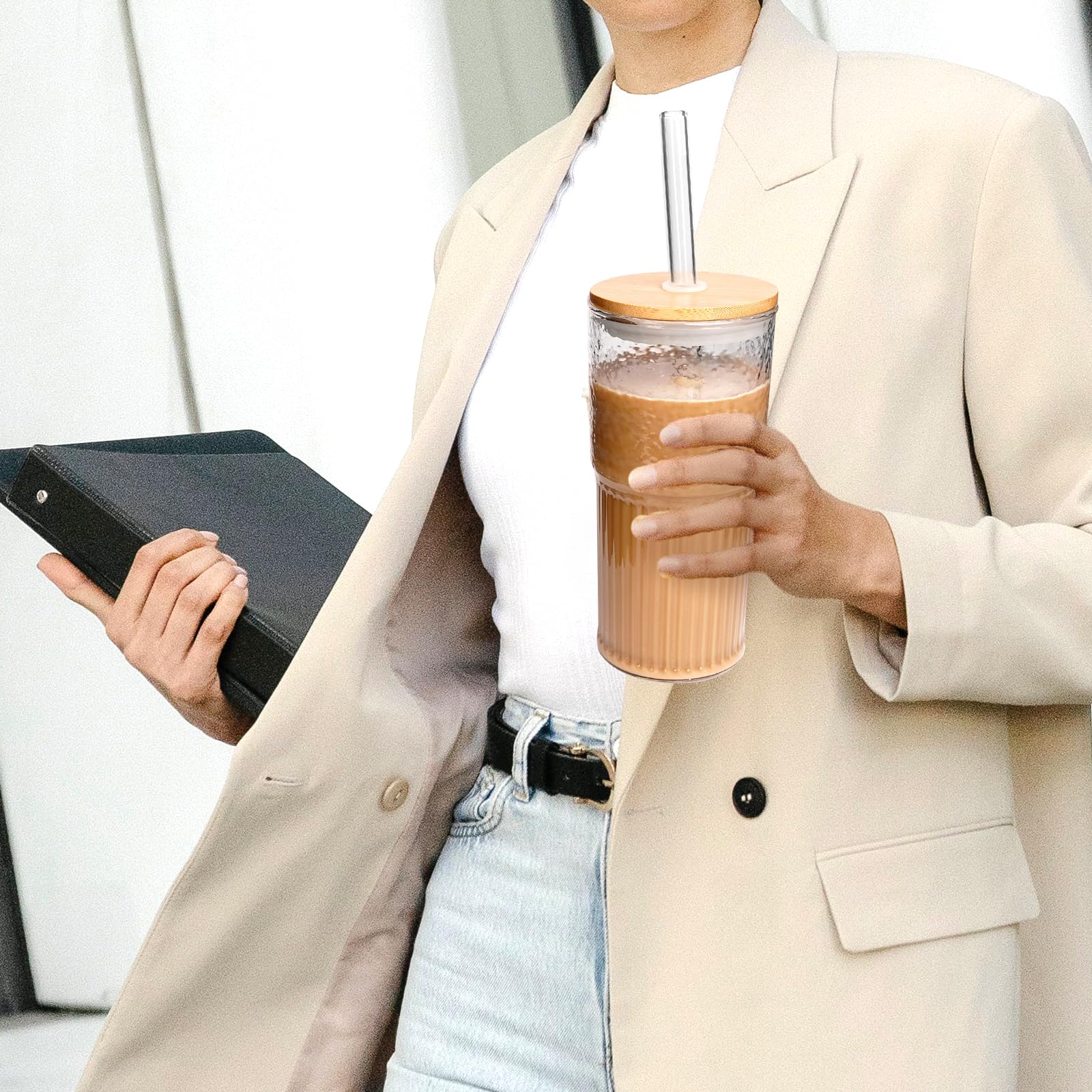 ANOTION Tasses en verre – Tasses à café glacé de 650 ml – Tasse à café glacé réutilisable – Gobelet à smoothie – Verres à eau nervurés – Pour le travail à la maison – Tasse à café de voyage – Ensemble