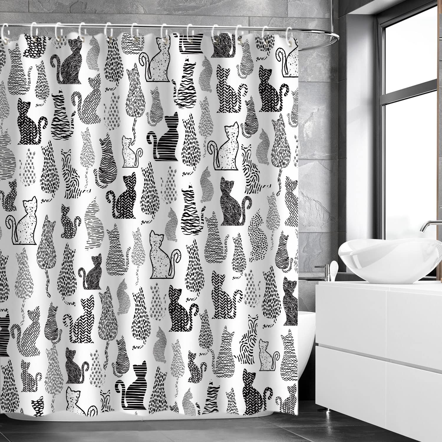 LIVILAN Cat Shower Curtain for Bathroom Cute Shower Curtain with 12 Hooks Kitten Animal Decorative Black and White Fabric Bath Curtain Gift for Cat Lovers Kids and Girls Machine Washable (72"W X 72"H)