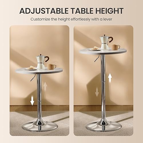 Miniatura 5 de Yaheetech Mesa de bar redonda, altura ajustable y mesas giratorias de 360°, mesa de cóctel con parte superior de MDF, base de patas plateada para
