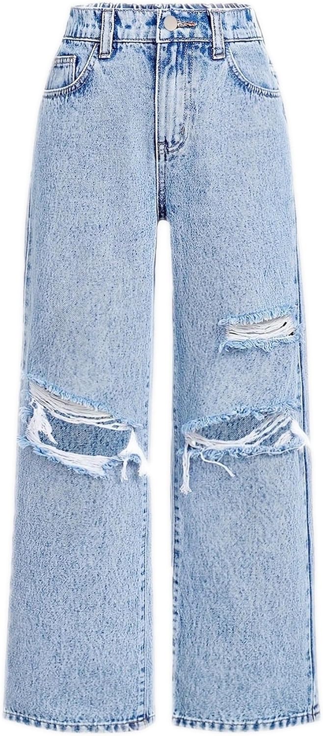 Girl's Baggy Wide Leg Jeans Zipper Fly Elastic High Waist Y2K Trendy Denim Pants