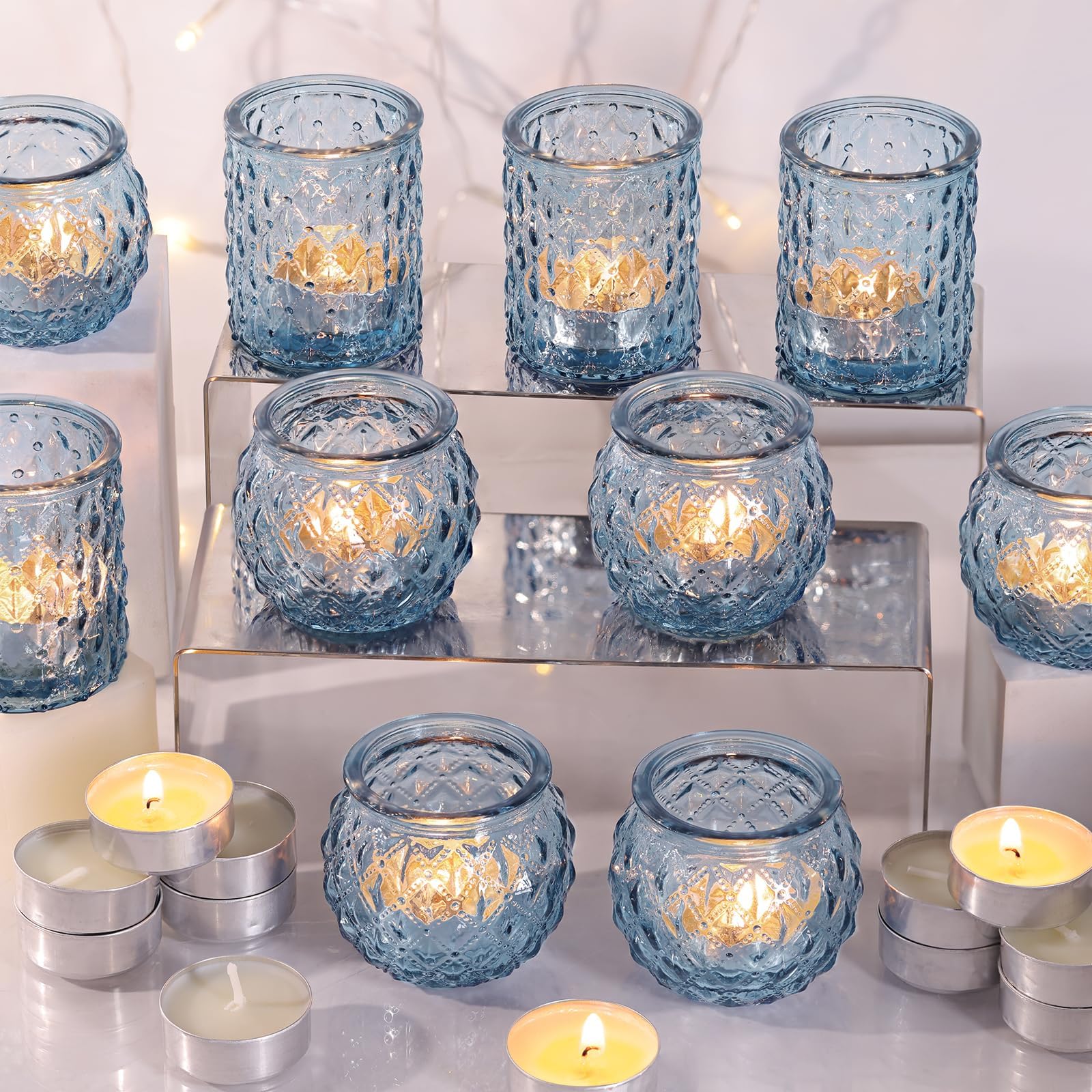 12Pcs Blue Votive Candle Holders with 12Pcs Tea Lights Candles- Glass Candle Holder for Vintage Decoration, Tea Lights Candle Holders for Wedding, Party Table Centerpieces & Gift