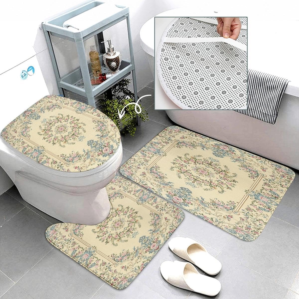 Vintage Floral Bathroom Set, 4-Piece with Shower Curtain 71x71, Bath Mat, Contour Rug, Toilet Lid Cover,Victorian Style Pattern