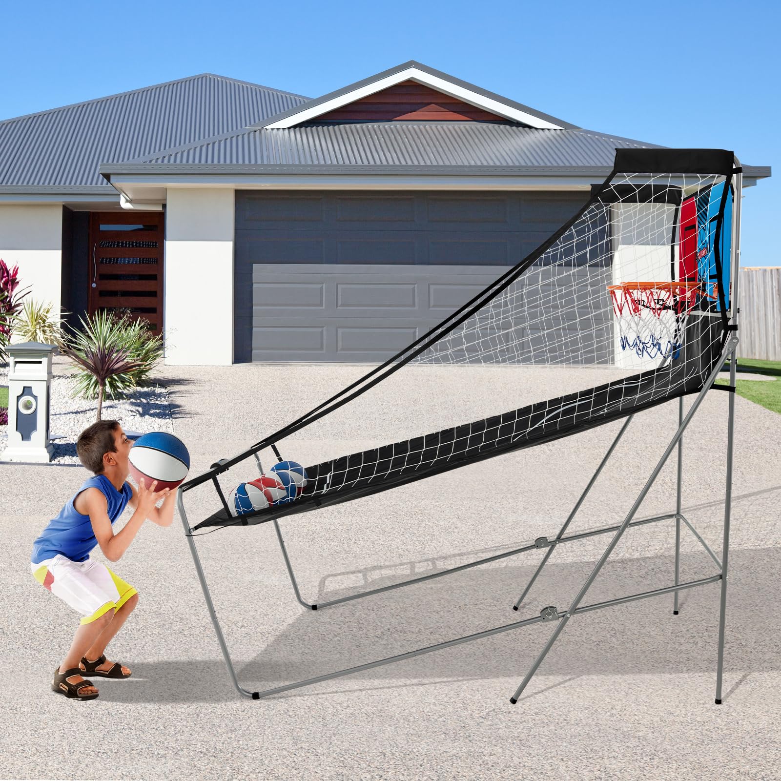 GOPLUS Canasta de Baloncesto Plegable, Máquina de Tiro Portátil, Baloncesto Arcade con 8 Modos de Juego, 4 Pelotas, 2 Cestas, Bomba, Marcador Electrónico, para Niños y Adultos (Rojo+Azul)
