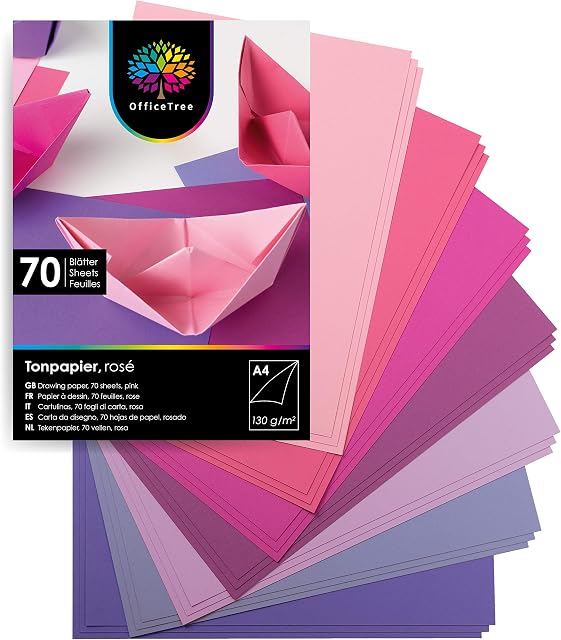 OfficeTree 70 x Pink Coloured Paper A4-7 Colours - 130 g/m² - Crafting Set Children Coloured Card A4 for Crafting Designs - Pink Construction Paper - Coloured Card A4