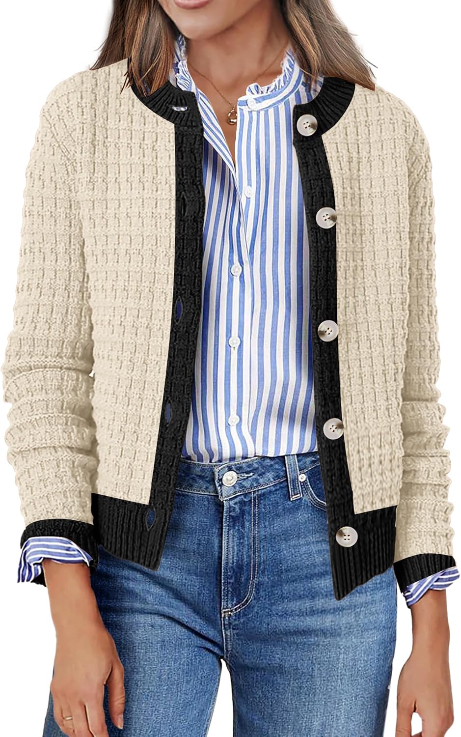 Zeagoo Women's 2026 Cardigan Sweaters Button Down Crew Neck Open Front Long Sleeve Knit Cropped Jackets