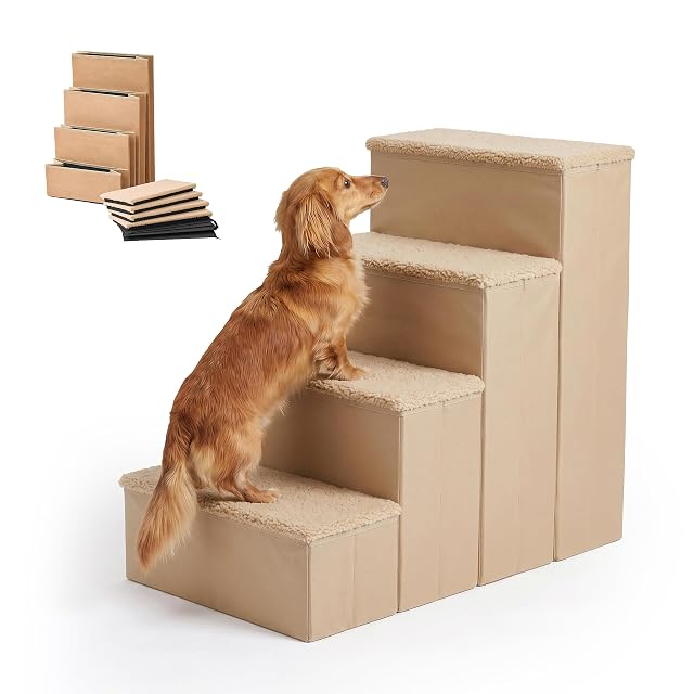 Relaxdays Escalera Perros, 4 peldaños, almacenaje, 65×40×70 cm, Beige