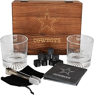 The Memory Company Licensed NFL Wood Boxed Drinkware Gift Set - Includes 2 Premium Rock Glasses, Cooling Cubes, Tongs, and Coasters, Dallas Cowboys
