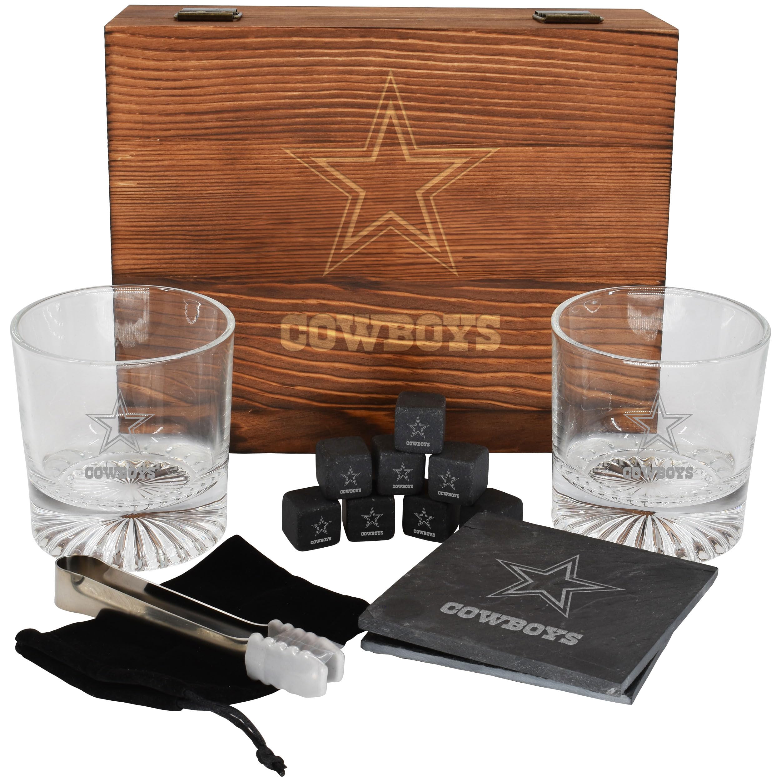 The Memory Company Licensed NFL Wood Boxed Drinkware Gift Set - Includes 2 Premium Rock Glasses, Cooling Cubes, Tongs, and Coasters, Dallas Cowboys