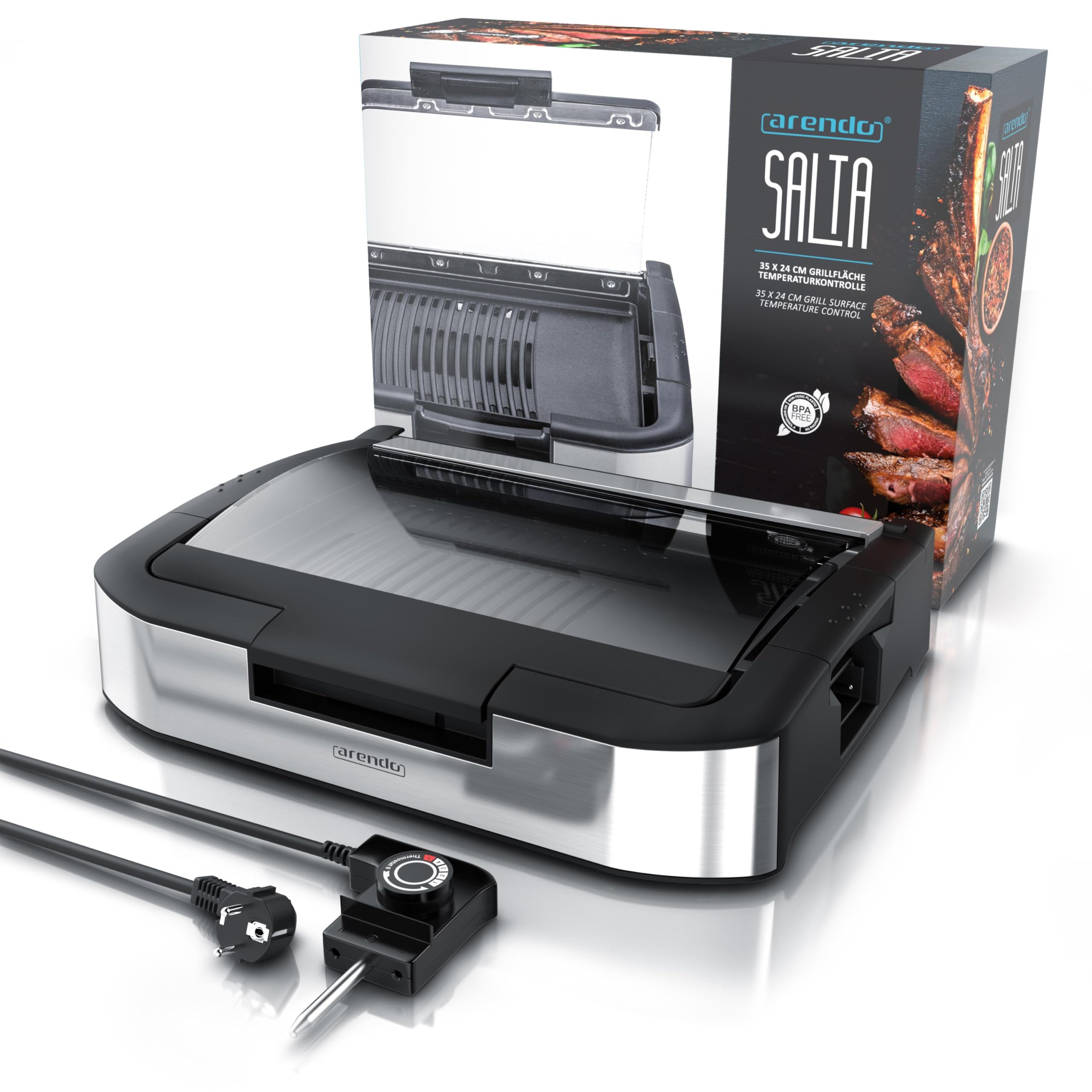 Arendo Gourmet Tischgrill Elektrogrill Edelstahl 1800 W mit Glasabdeckung Temperaturregelung 5 Stufen