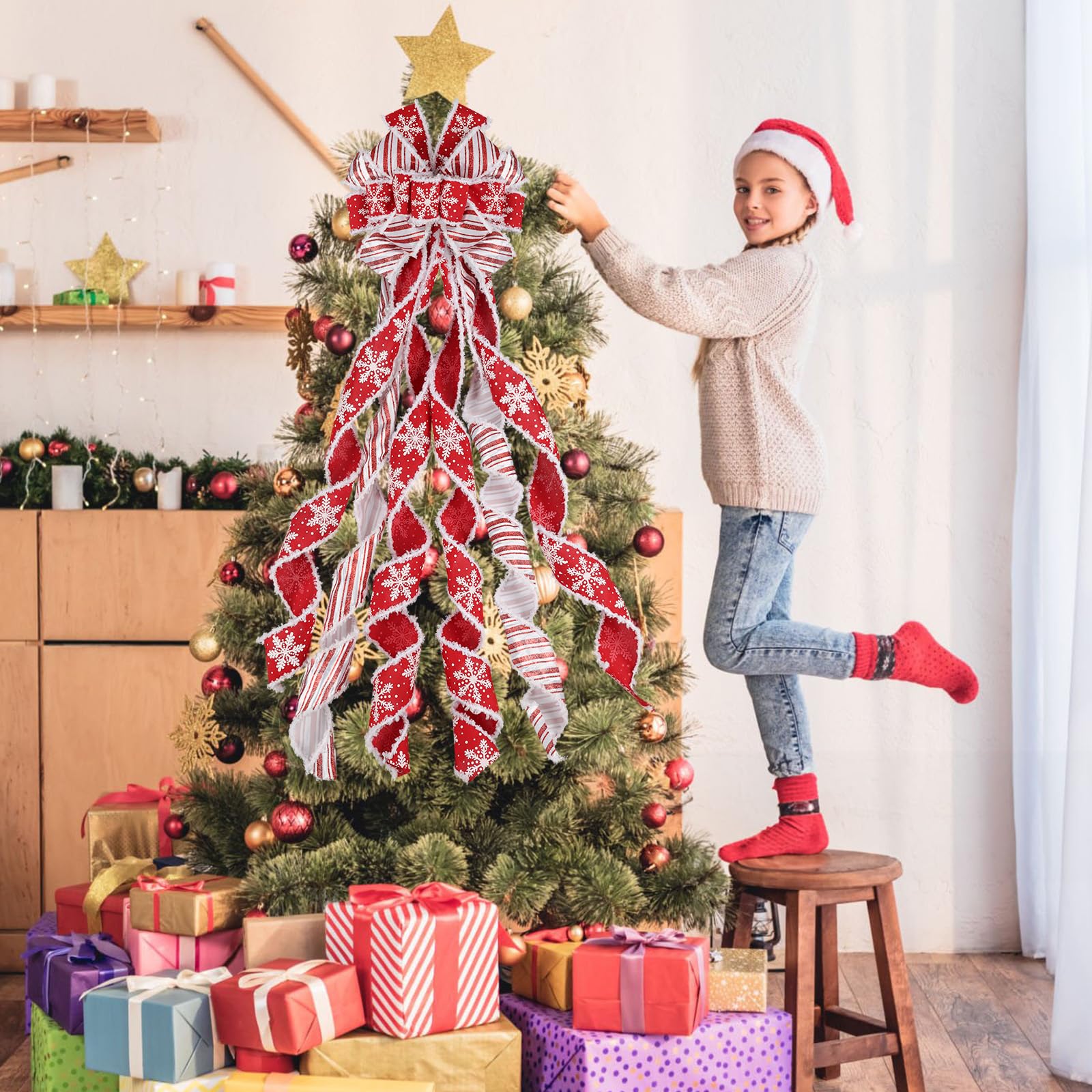 N&T NIETING Valentines Snowflake Tree Topper Wreath Bow, Large Christmas Bow Tree Toppers, Red White Stripe Bow for Xmas Ornament Holiday Home Wedding Thanksgiving Indoor/Outdoor Decoration 52