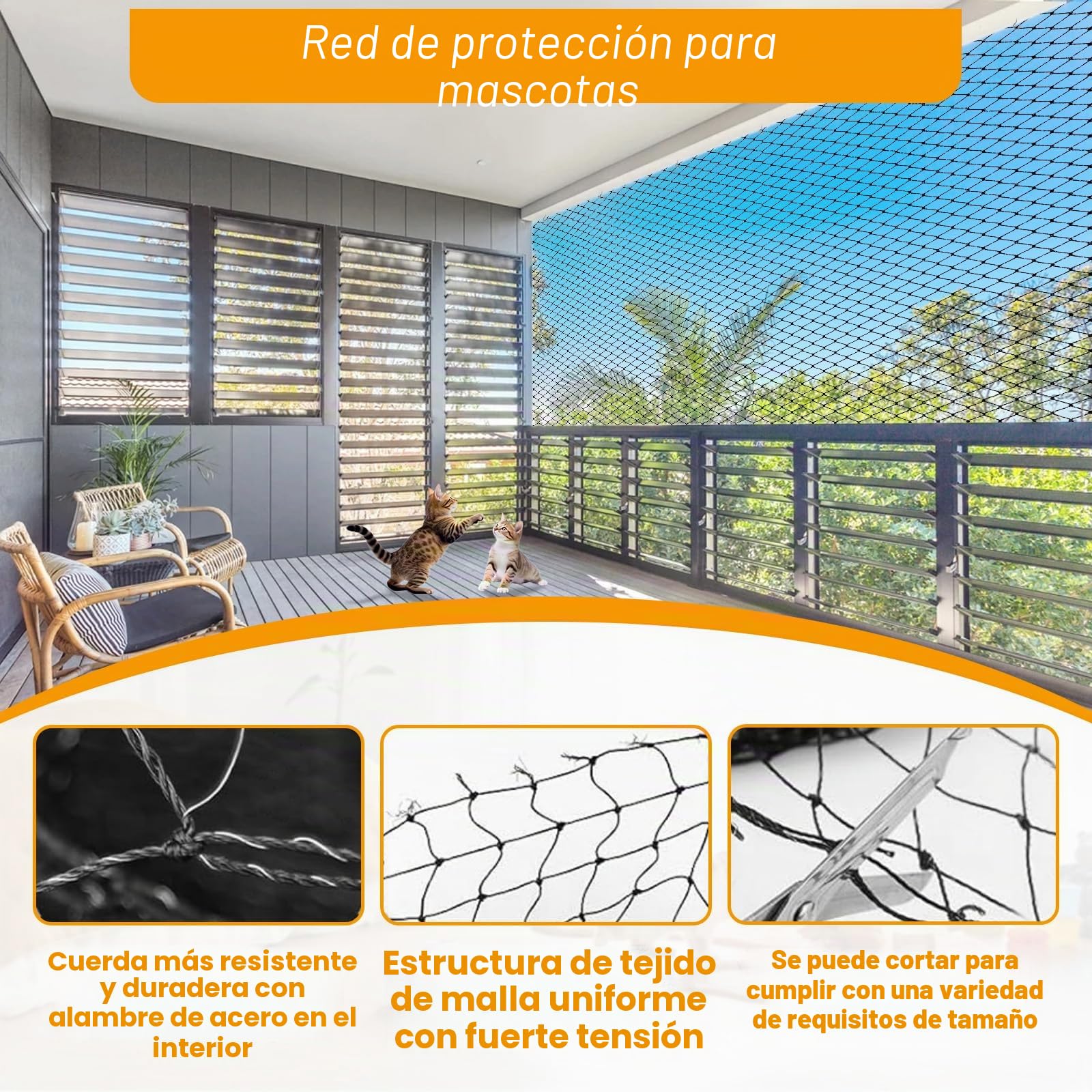 4 x 3m Red Gatos Terraza con Cuerda Fijación, Malla Seguridad Alambre Reforzada Balcón, Malla Gato Protección Sin Taladro, Red Anticaída Mascotas para Ventanas, Terrazas, Pasillos, Claraboyas (Negro)
